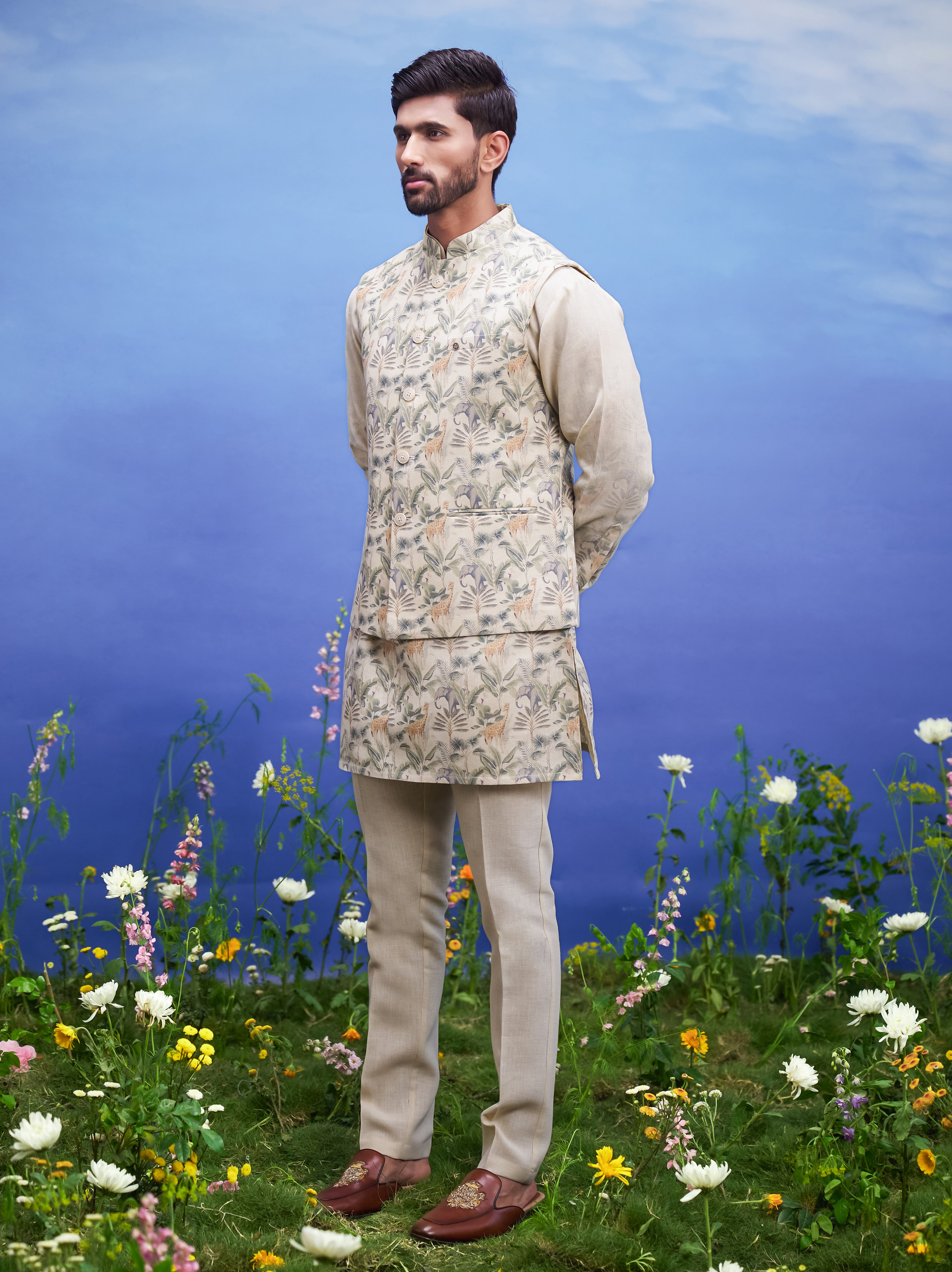 Beige linen kurta jacket set for men, blending traditional style with comfortable linen, suitable for festive occasions.