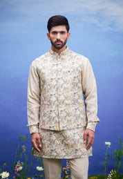 Men's beige kurta jacket set, suitable for festivals and cultural events, available in sizes 36 to 44 and custom.