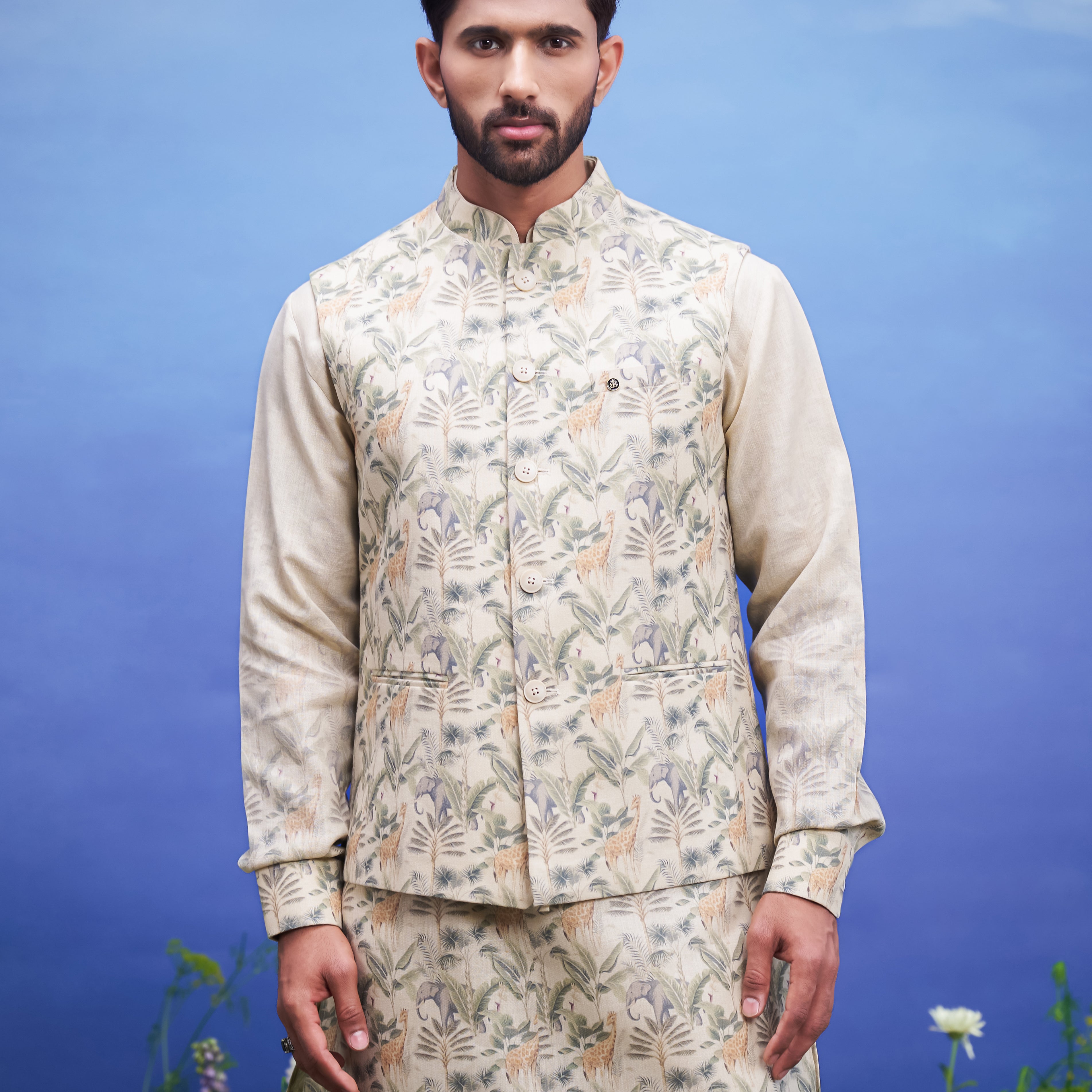 Men's beige kurta jacket set, suitable for festivals and cultural events, available in sizes 36 to 44 and custom.