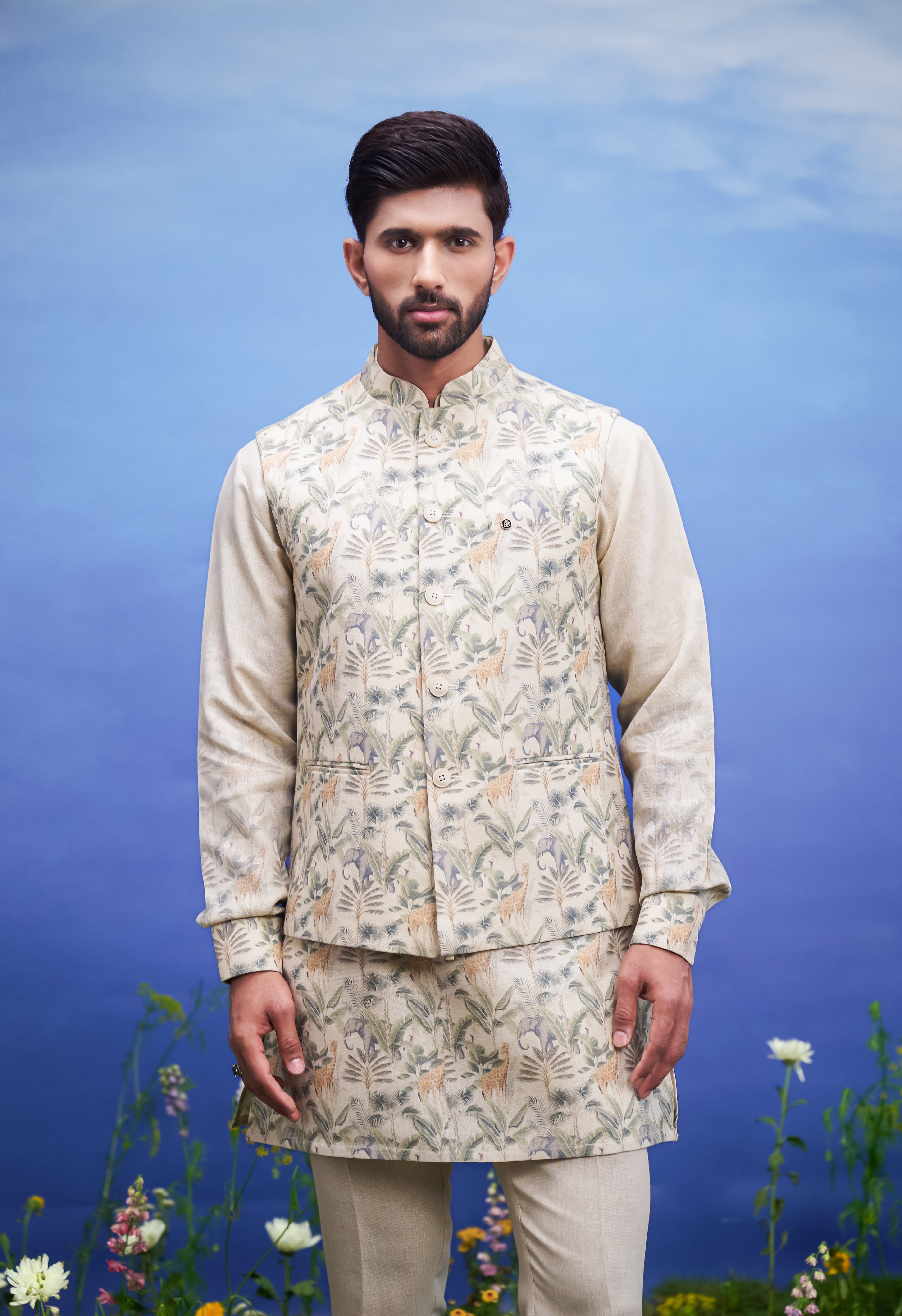 Men's beige kurta jacket set, suitable for festivals and cultural events, available in sizes 36 to 44 and custom.