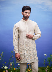 Beige linen kurta set, unisex ethnic wear, featuring a linen blend kurta and pajama.