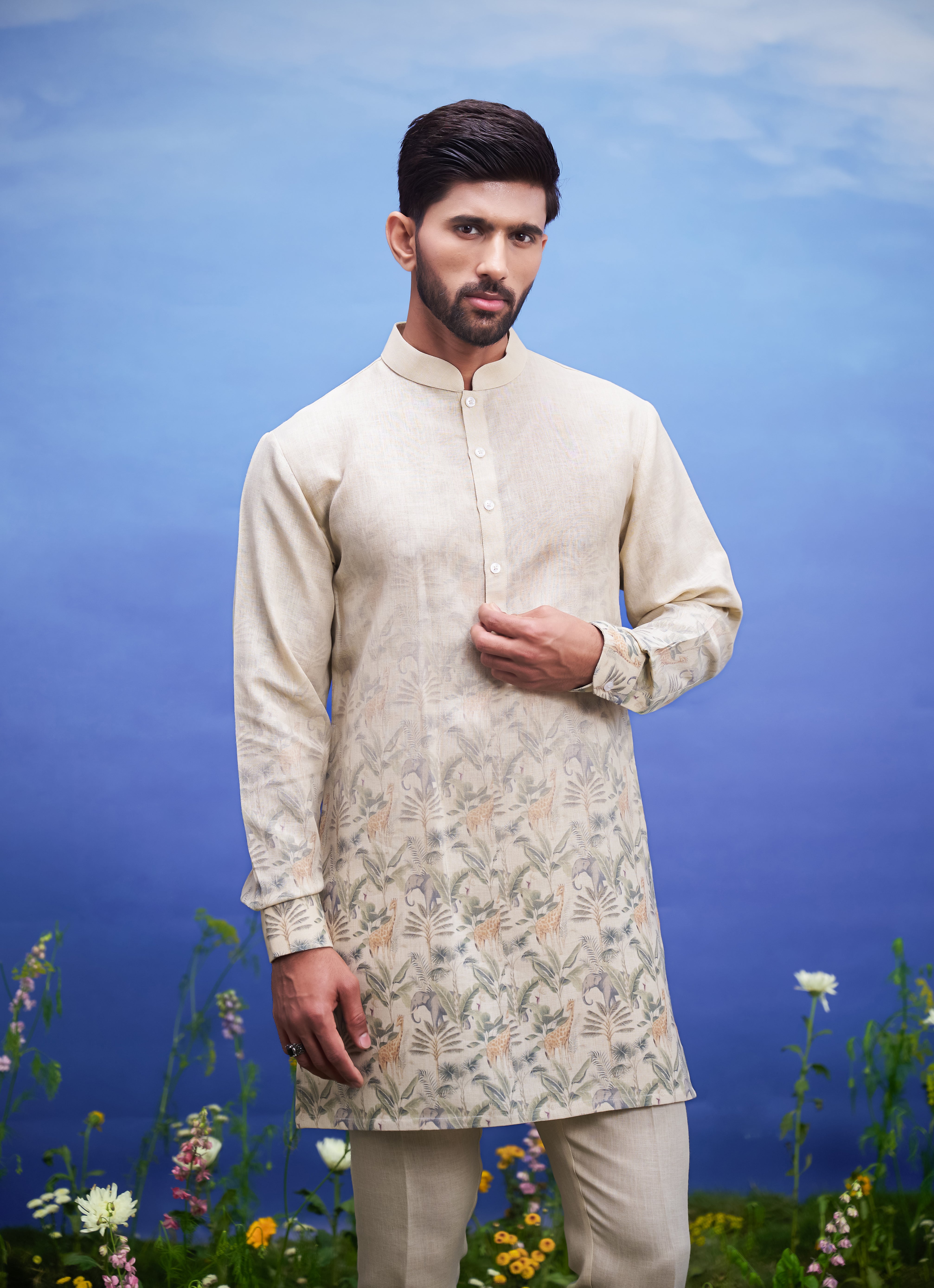 Beige linen kurta set, unisex ethnic wear, featuring a linen blend kurta and pajama.