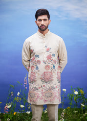 Beige linen kurta set, men's ethnic wear, featuring a linen blend kurta and pajama.