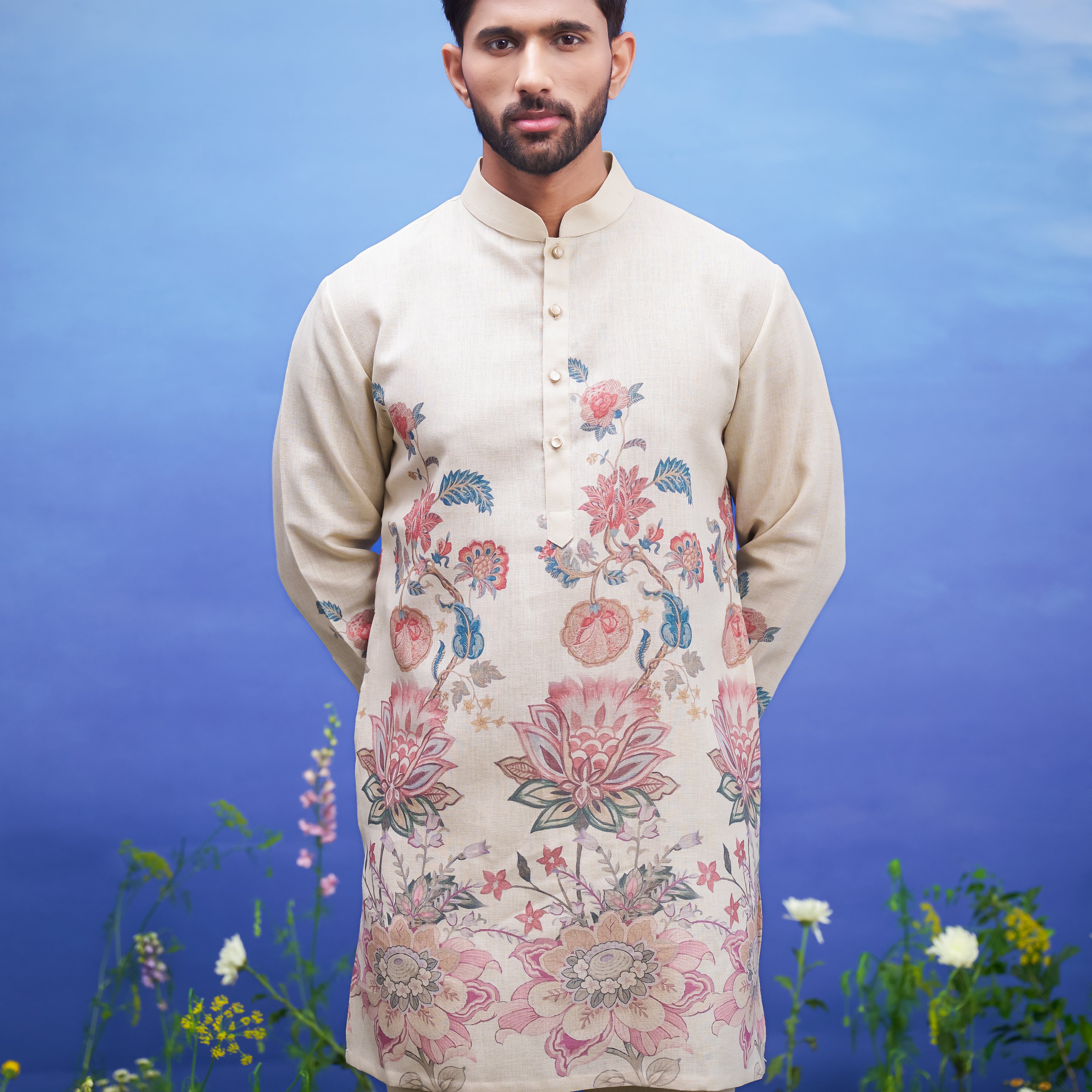 Beige linen kurta set, men's ethnic wear, featuring a linen blend kurta and pajama.