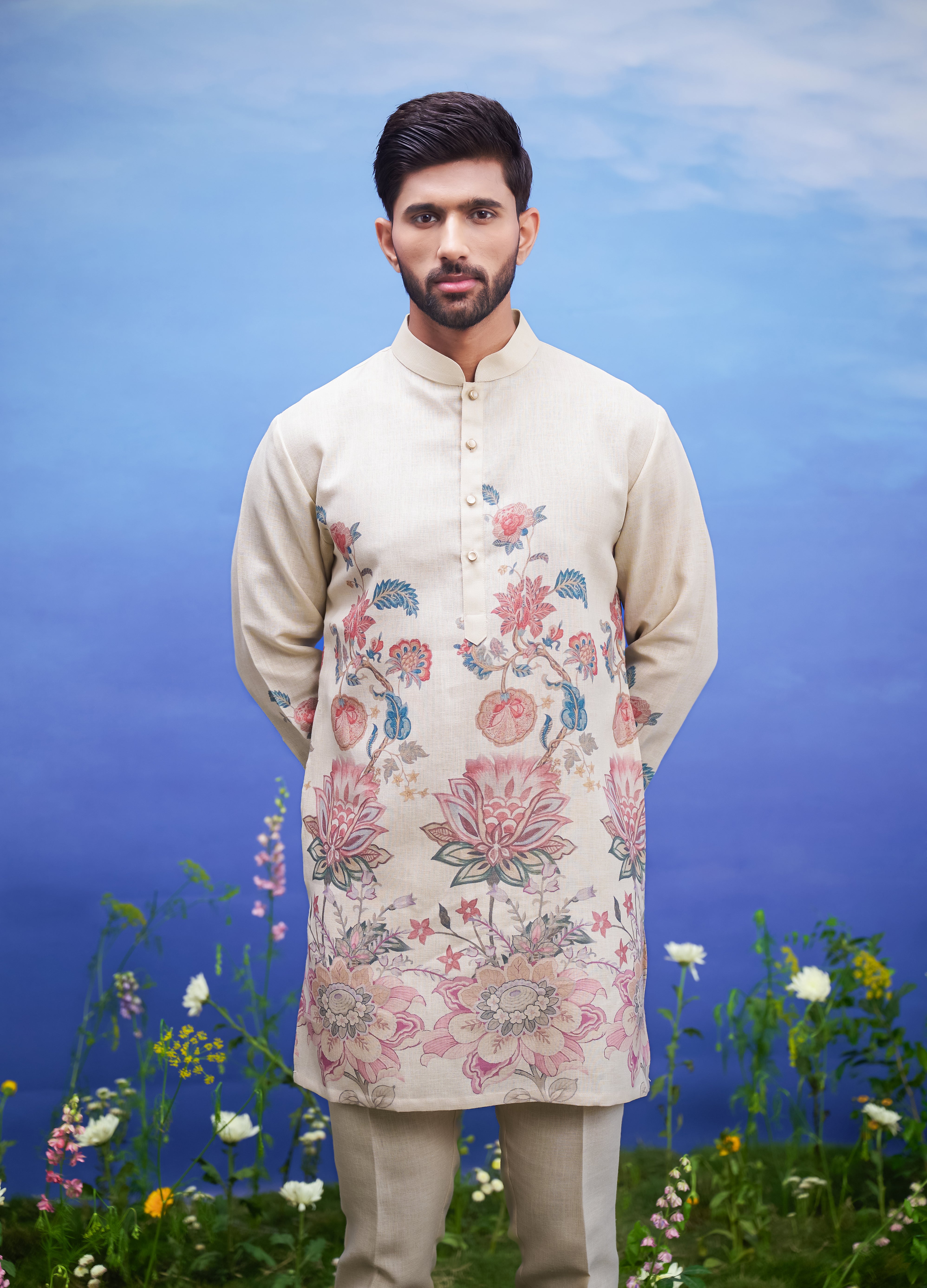 Beige linen kurta set, men's ethnic wear, featuring a linen blend kurta and pajama.