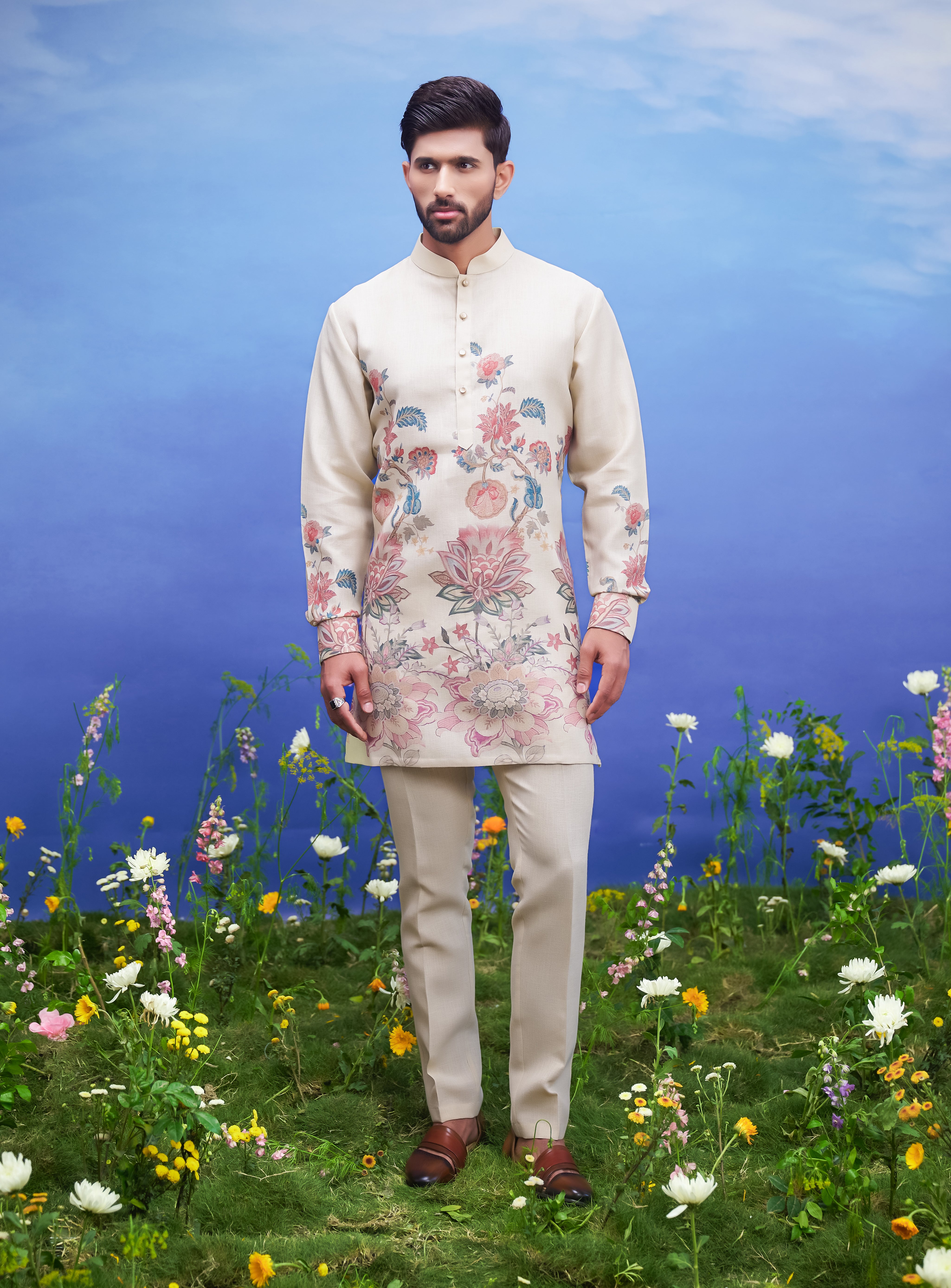Men's beige kurta set made of linen blend, displayed on a product page with size options.