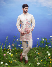Beige linen kurta set, a comfortable and stylish ethnic wear option for men, presented on a product page.