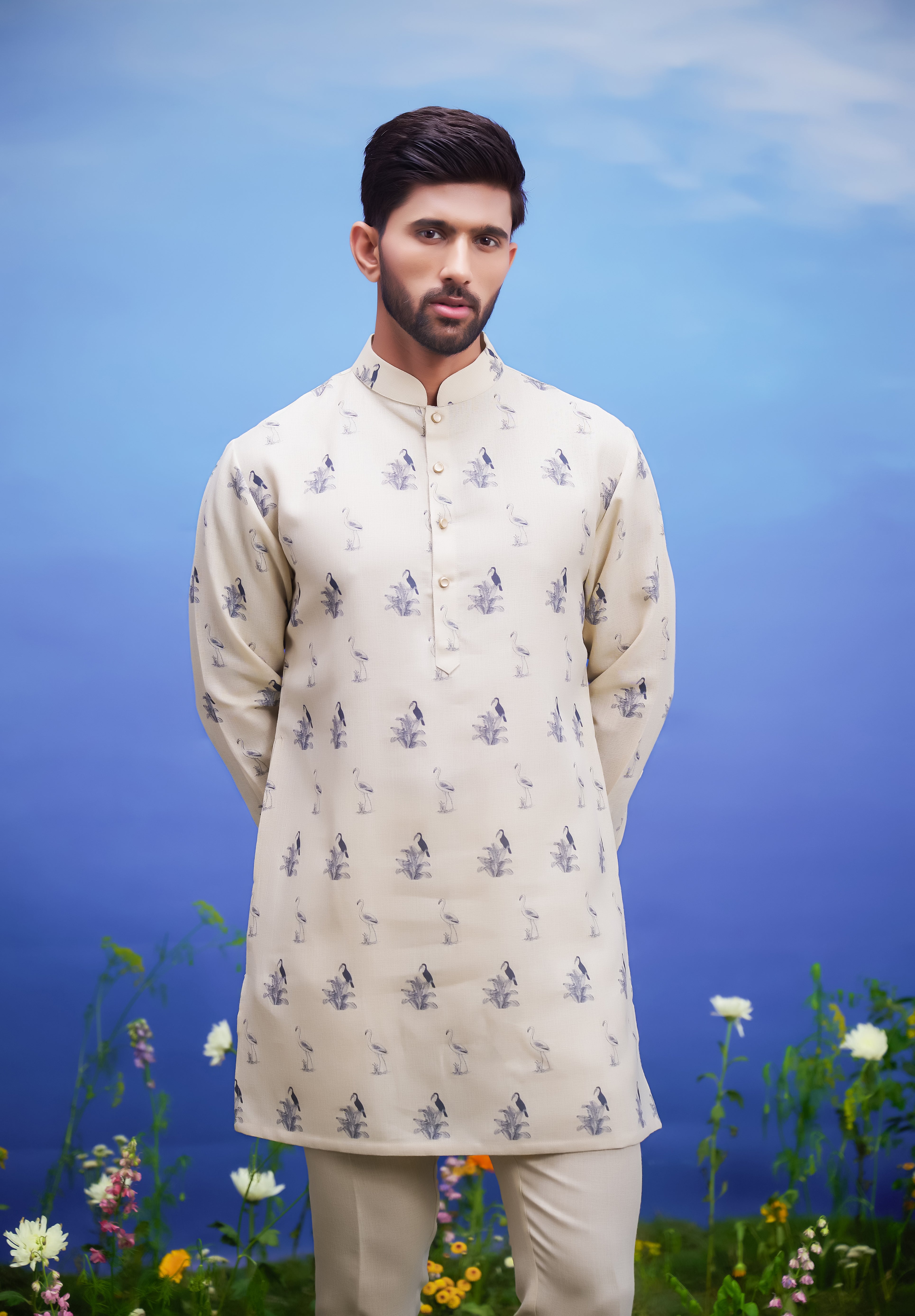 Beige linen kurta set, men's ethnic wear, featuring a linen blend kurta and pajama.