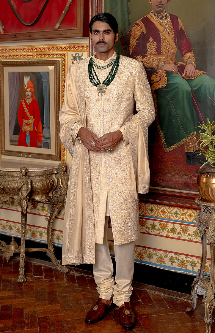 Beige Pure Raw Silk Sherwani