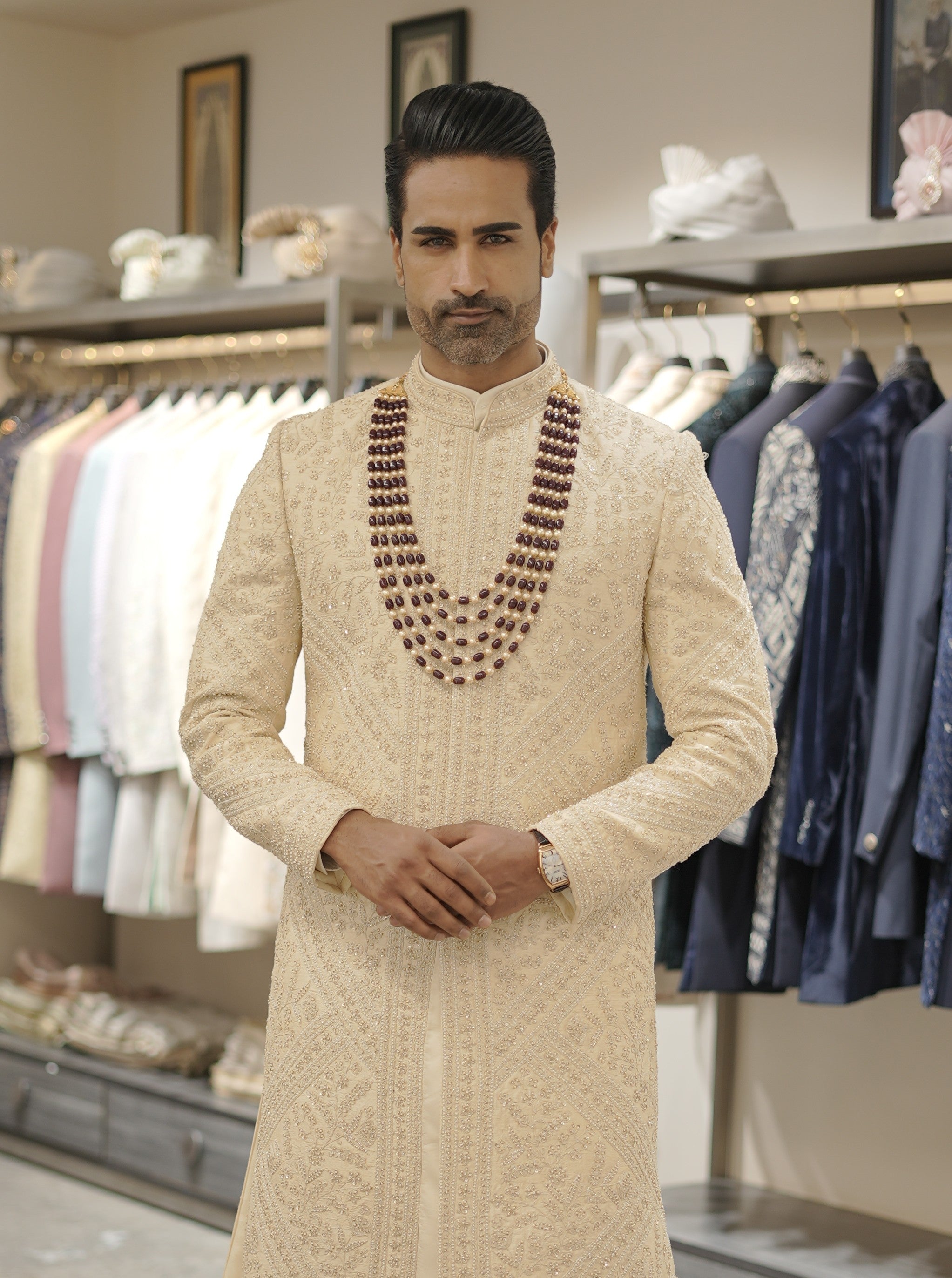 Beige Pure Raw Silk Sherwani with stole
