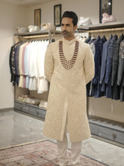 Beige Pure Raw Silk Sherwani with stole