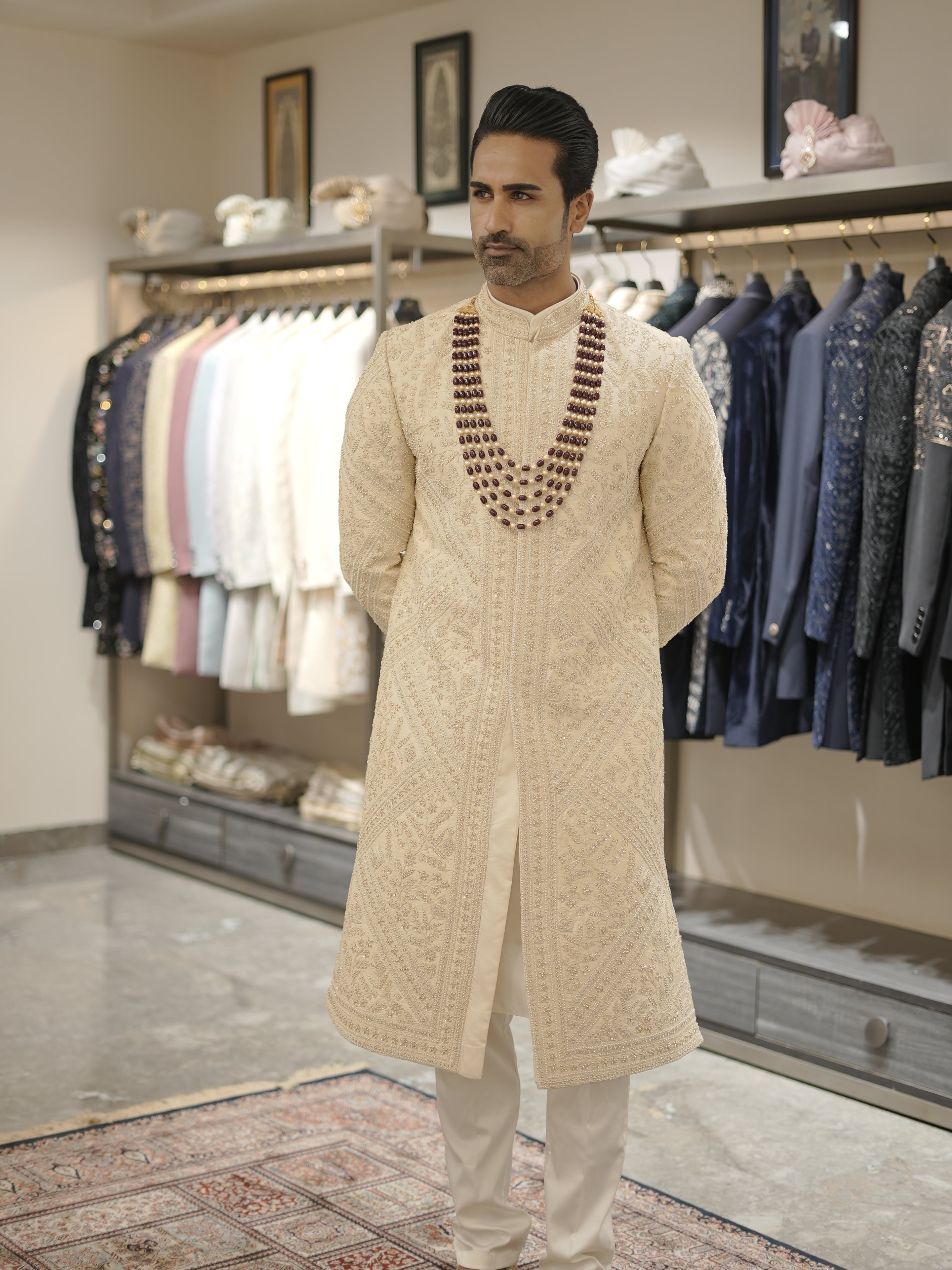 Beige Pure Raw Silk Sherwani with stole