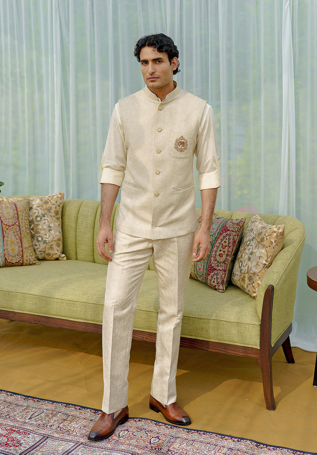 Beige Shirt jacket set with embroidered patch pocket