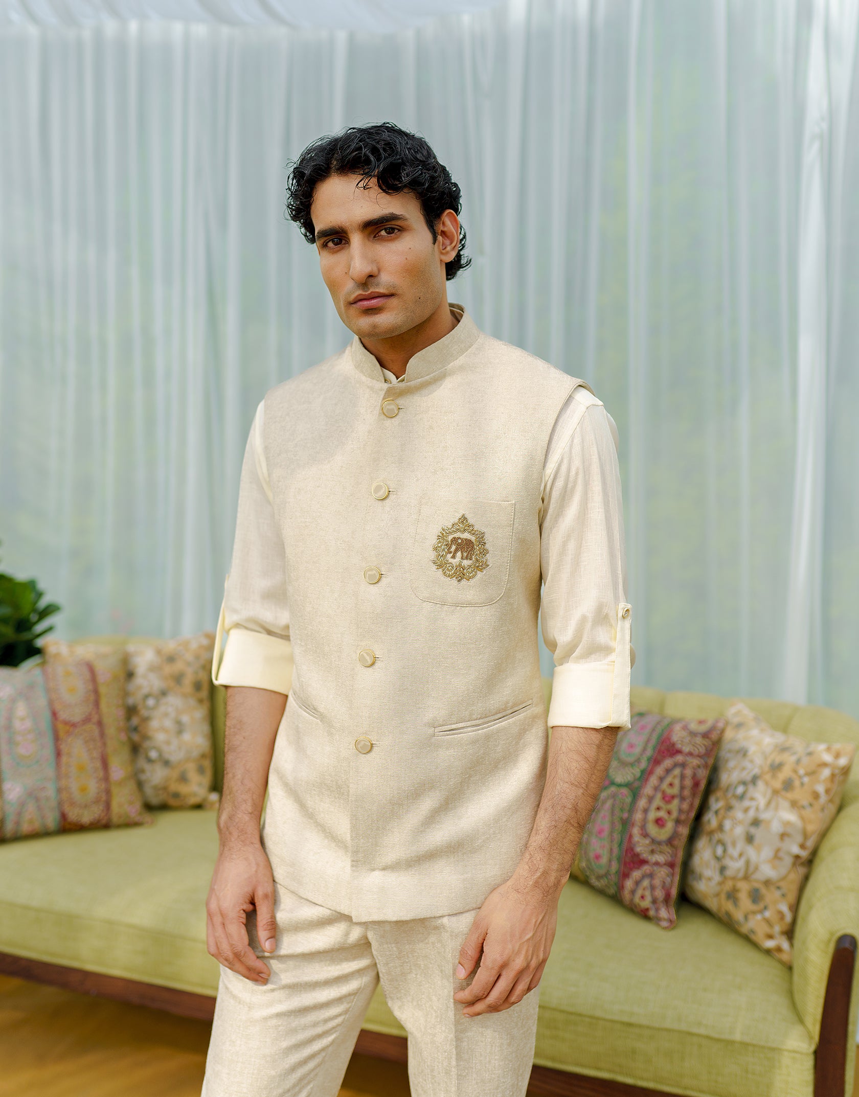 Beige Shirt jacket set with embroidered patch pocket