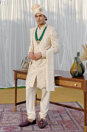 Beige Silk Sherwani with Stole
