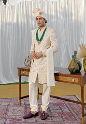 Beige Silk Sherwani with Stole