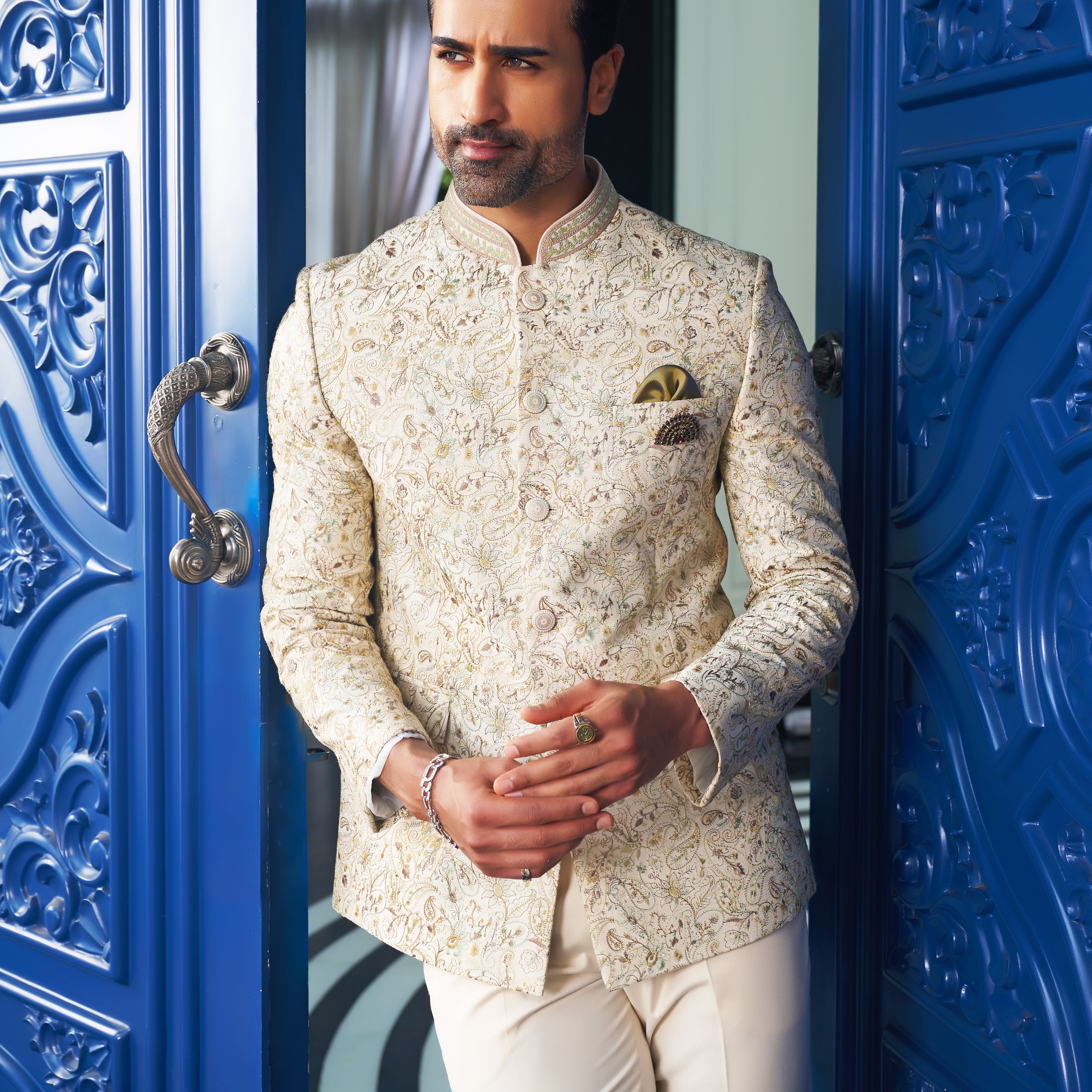 Elegant Beige Embroidered Bandhgala Set, A Timeless Classic
