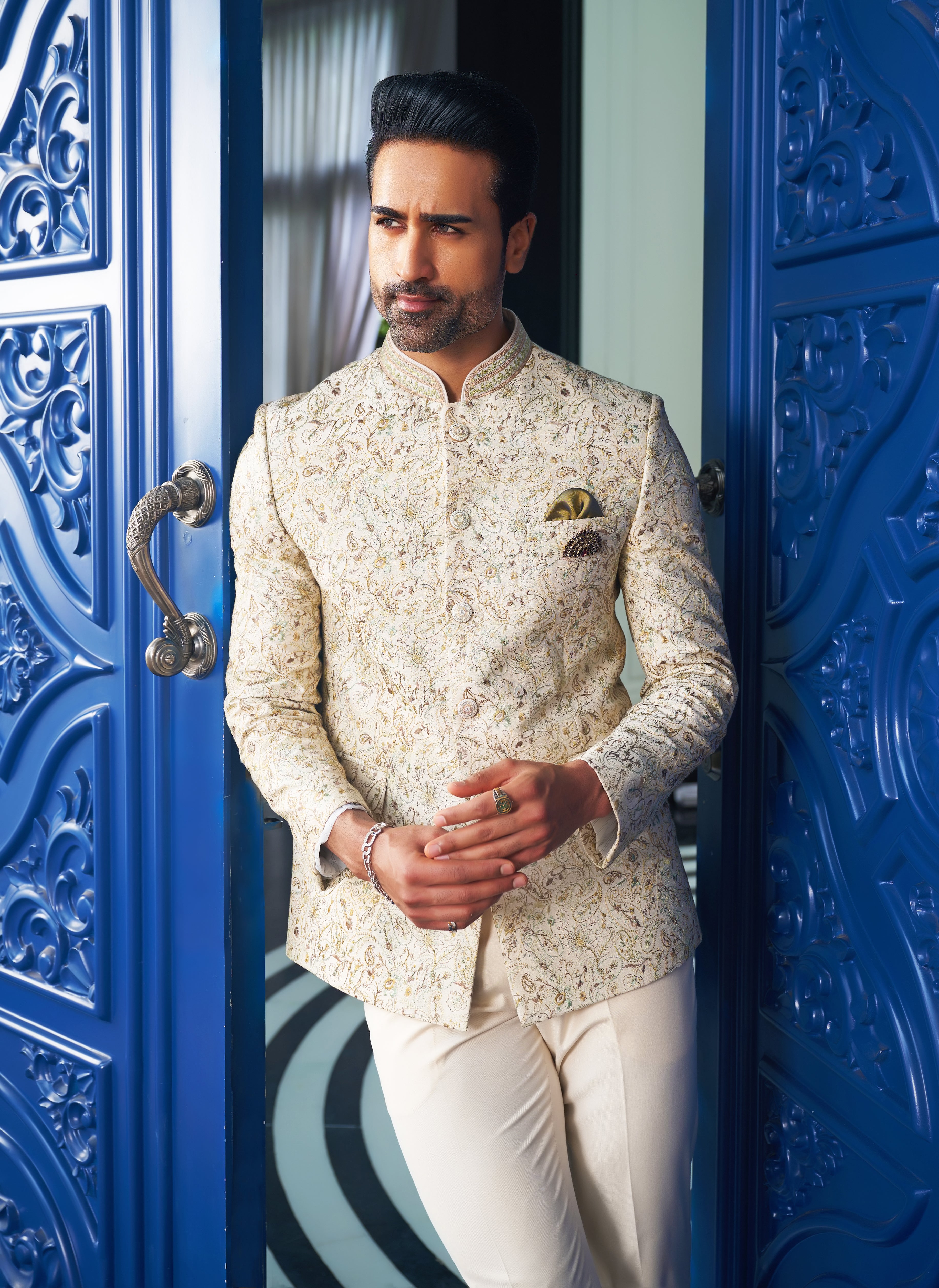 Elegant Beige Embroidered Bandhgala Set, A Timeless Classic