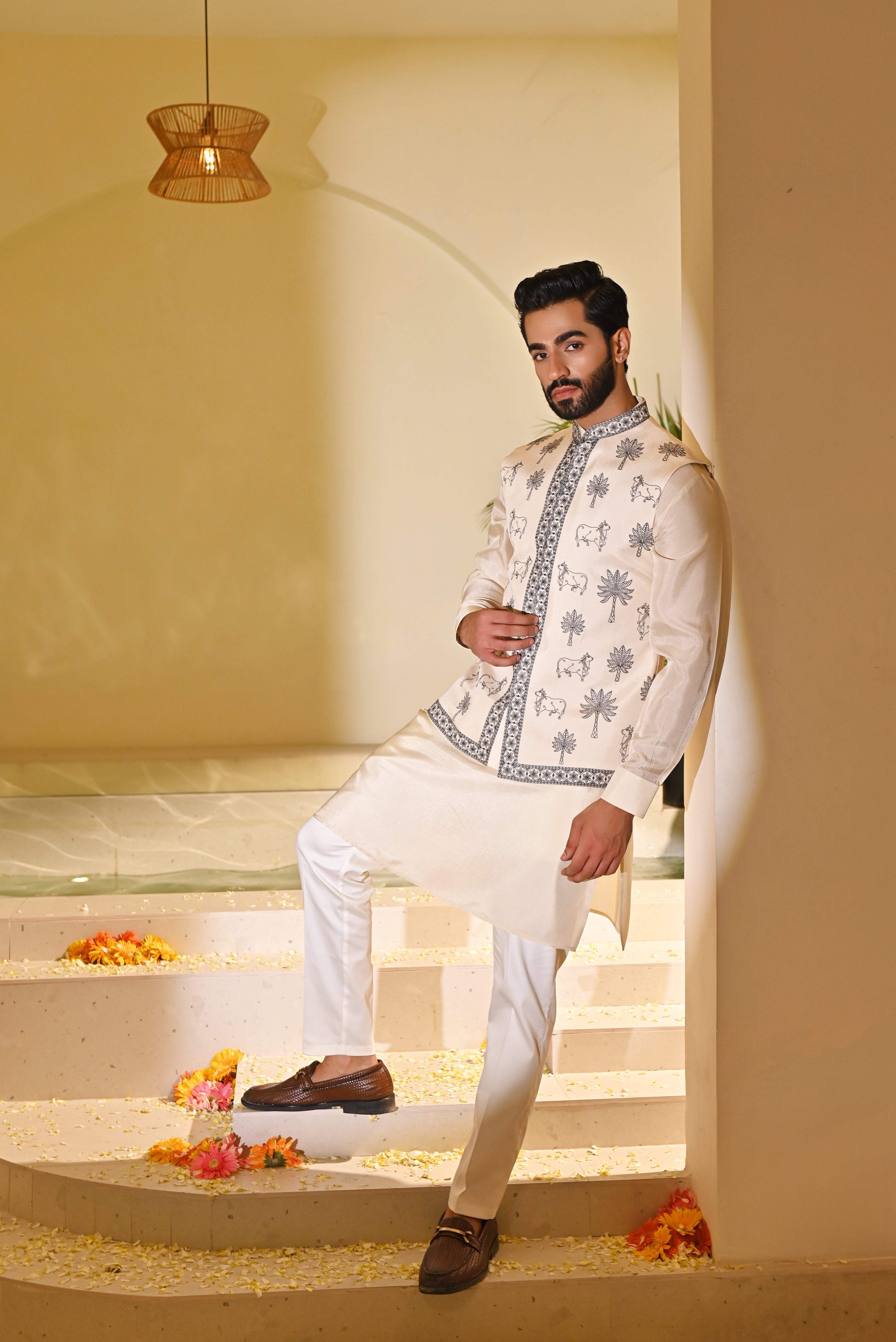 Trendy Beige Kurta Jacket Set - Modern Indian Fashion


