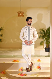 Stylish Beige Kurta Jacket Set with Embroidery - Perfect for Festive Occasions

