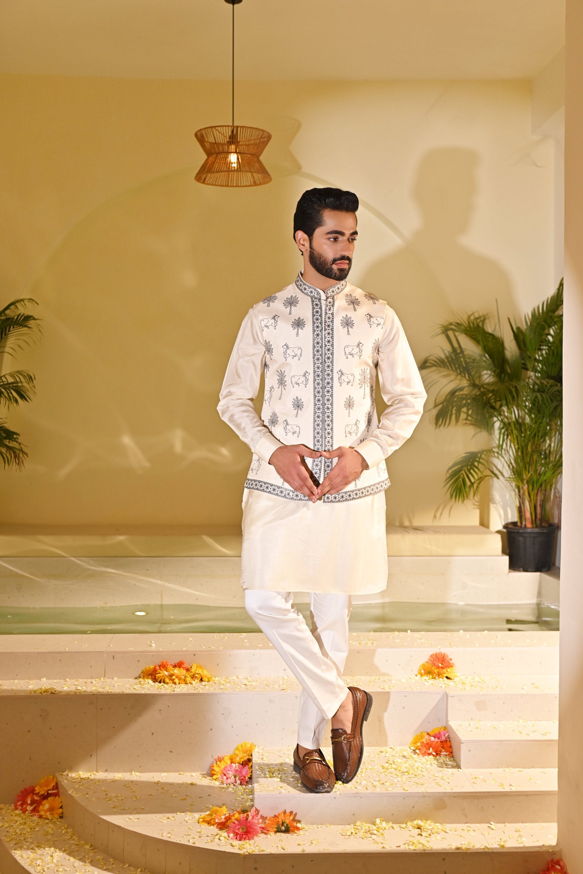 Stylish Beige Kurta Jacket Set with Embroidery - Perfect for Festive Occasions

