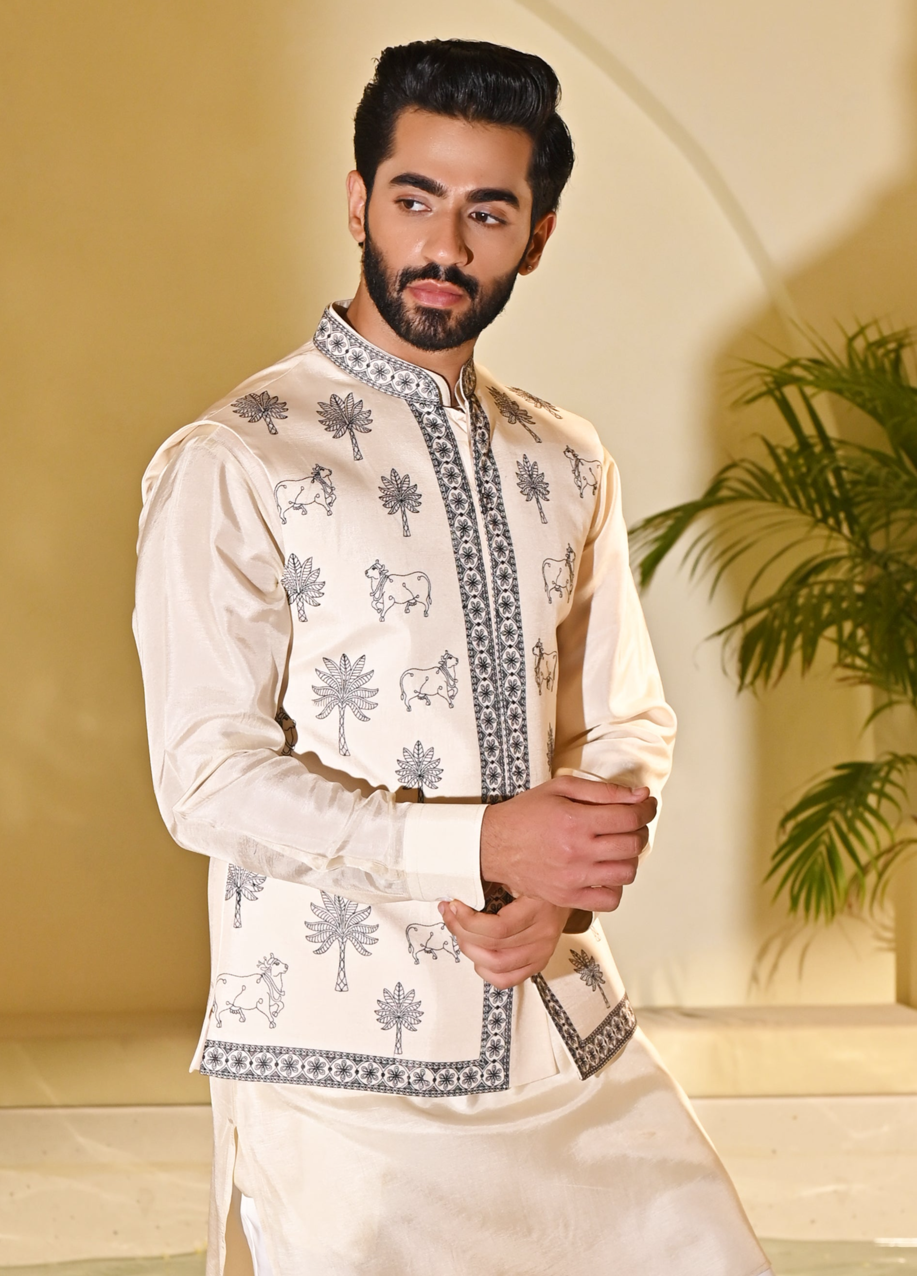 Men's Beige Embroidered Kurta Jacket Set - Traditional Indian Attire


