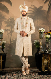 Men's Beige Embroidered Raw Silk Sherwani - Traditional Indian Wedding Wear