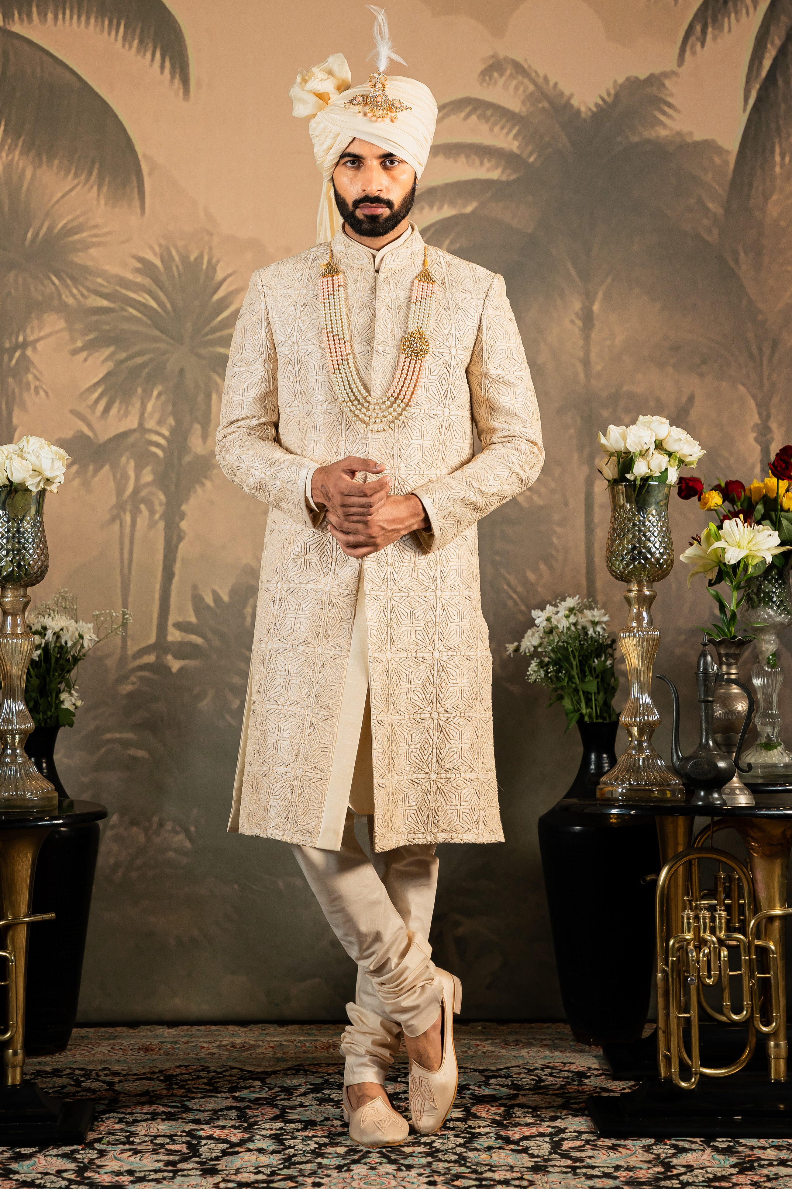 Men's Beige Embroidered Raw Silk Sherwani - Traditional Indian Wedding Wear