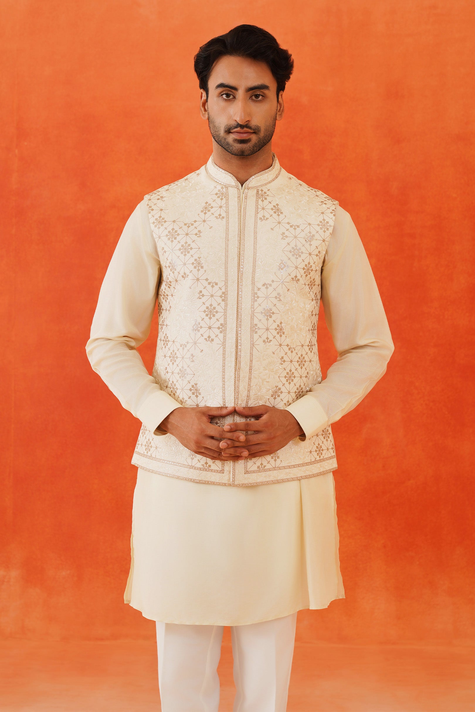 Stylish Beige Kurta Jacket Set with Geometric Embroidery - Perfect for Weddings and Parties