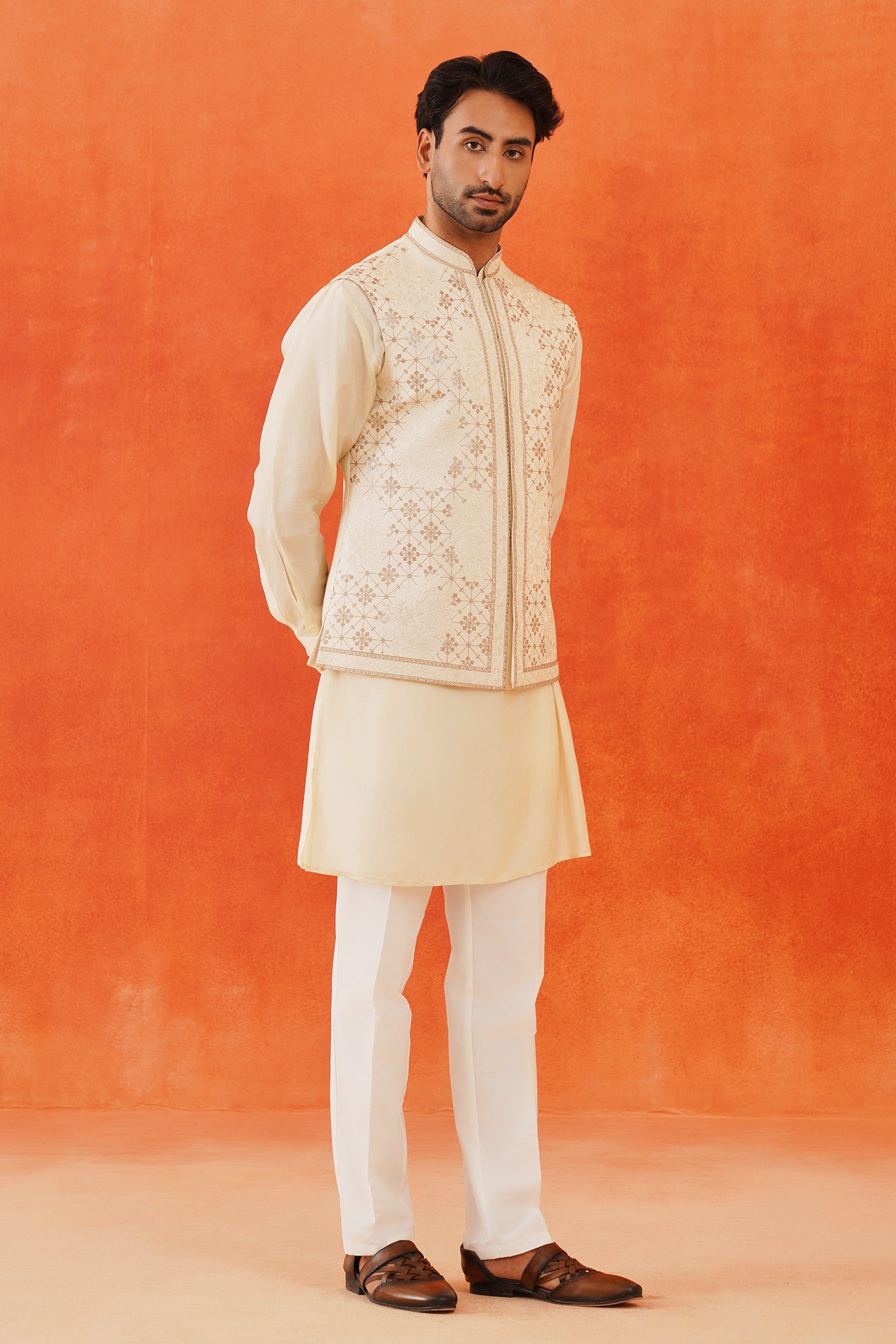 Men's Beige Geometric Embroidered Kurta Jacket Set - Modern Indian Fusion Wear