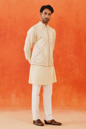 Men's Beige Geometric Embroidered Kurta Jacket Set - Modern Indian Fusion Wear