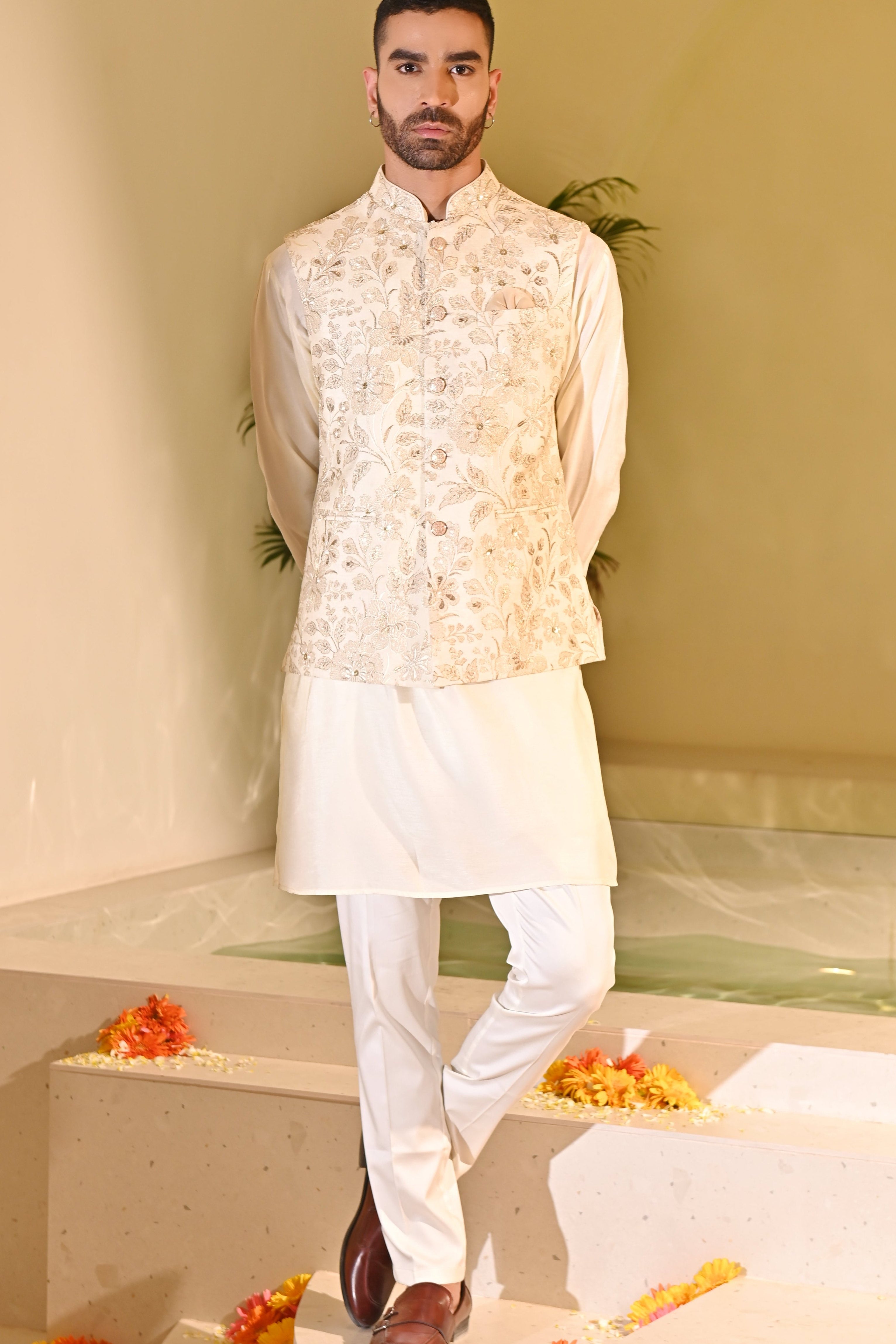 Men's Beige Kurta Jacket Set with Zari Embroidery - Traditional Indian Attire