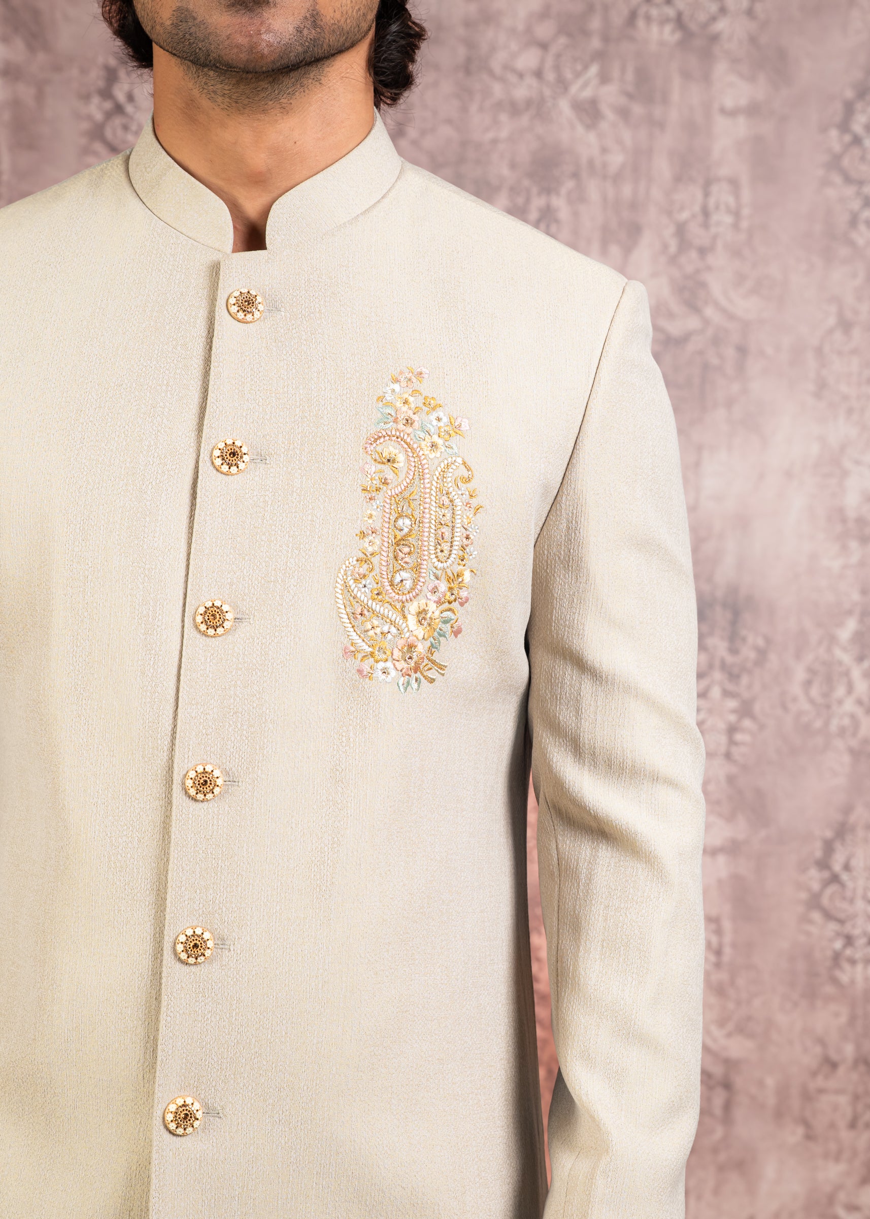 Beige indowestern with embroidered motif
