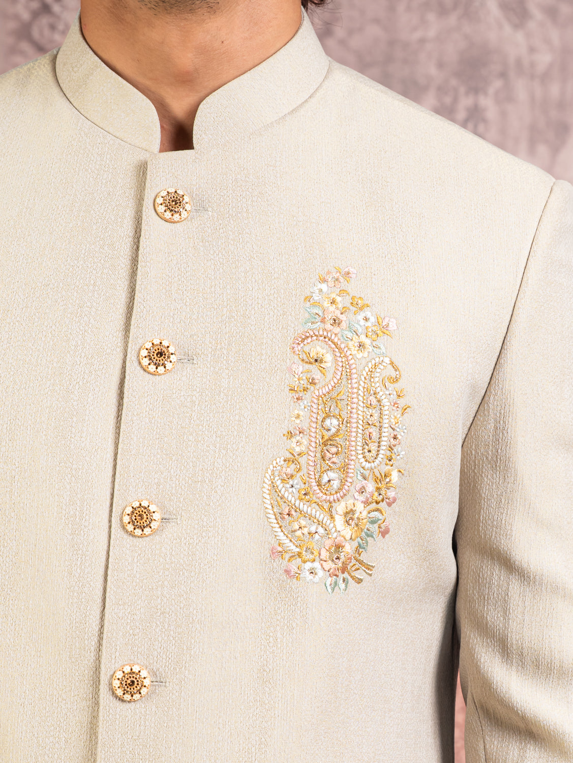 Beige indowestern with embroidered motif