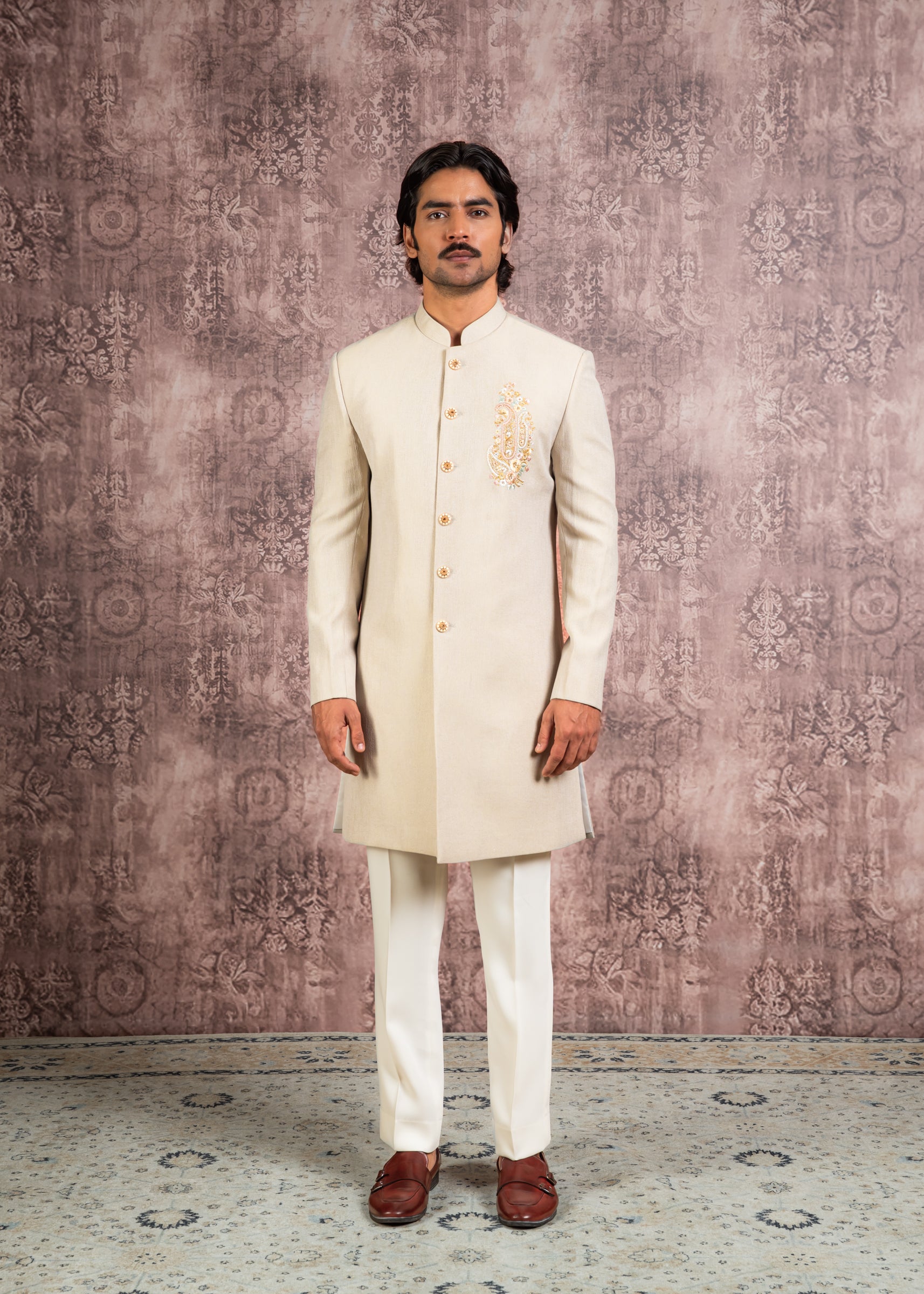 Beige indowestern with embroidered motif