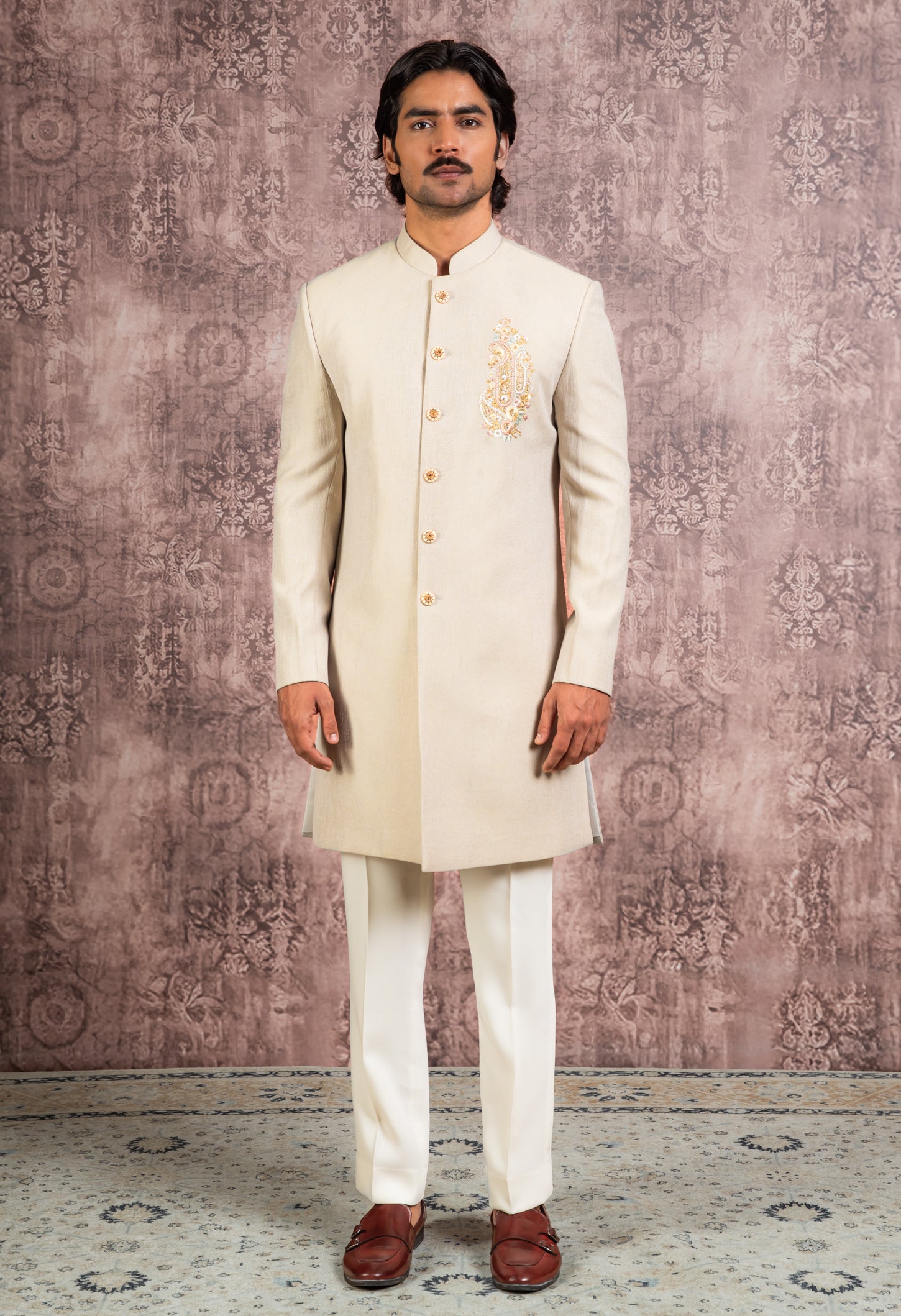 Beige indowestern with embroidered motif