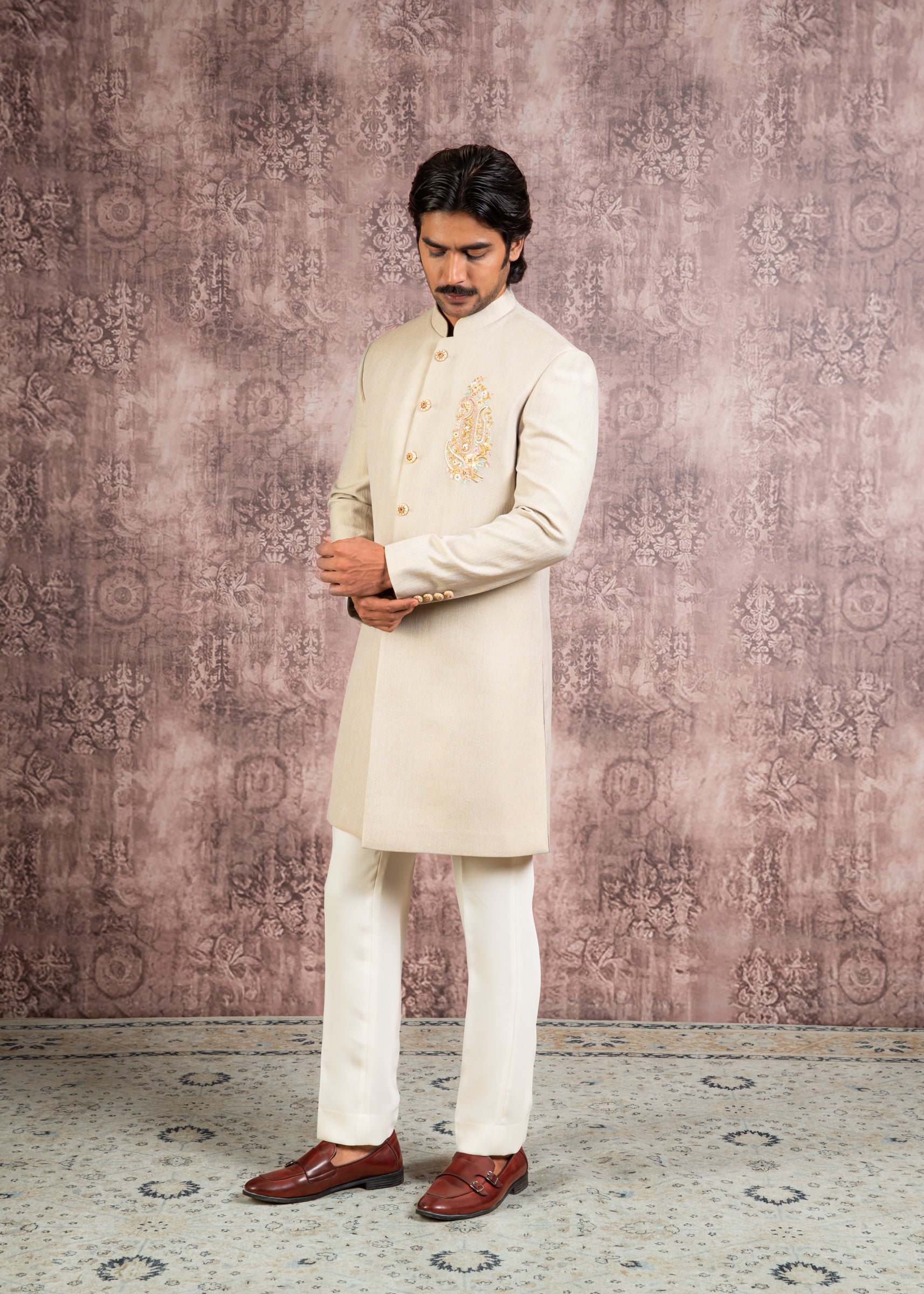 Beige indowestern with embroidered motif