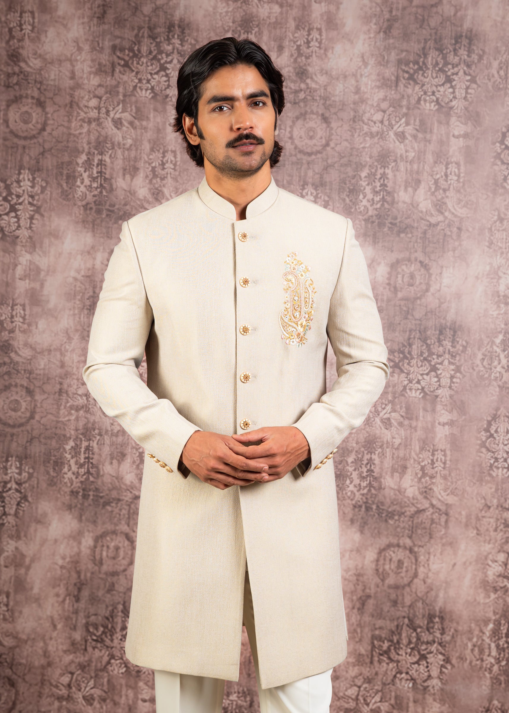 Beige indowestern with embroidered motif