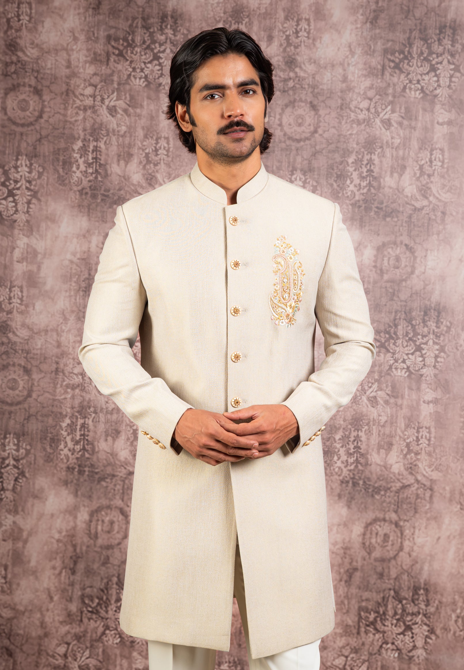 Beige indowestern with embroidered motif