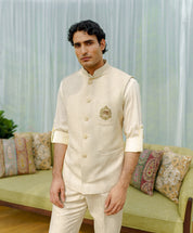 Beige nehru jacket with embroidered patch pocket