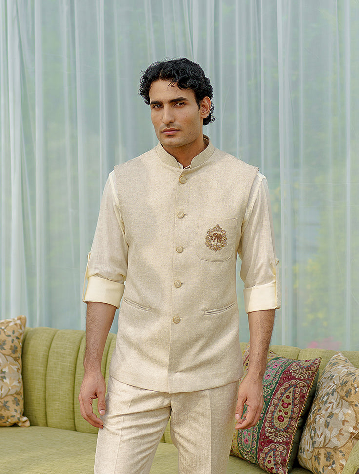Beige nehru jacket with embroidered patch pocket