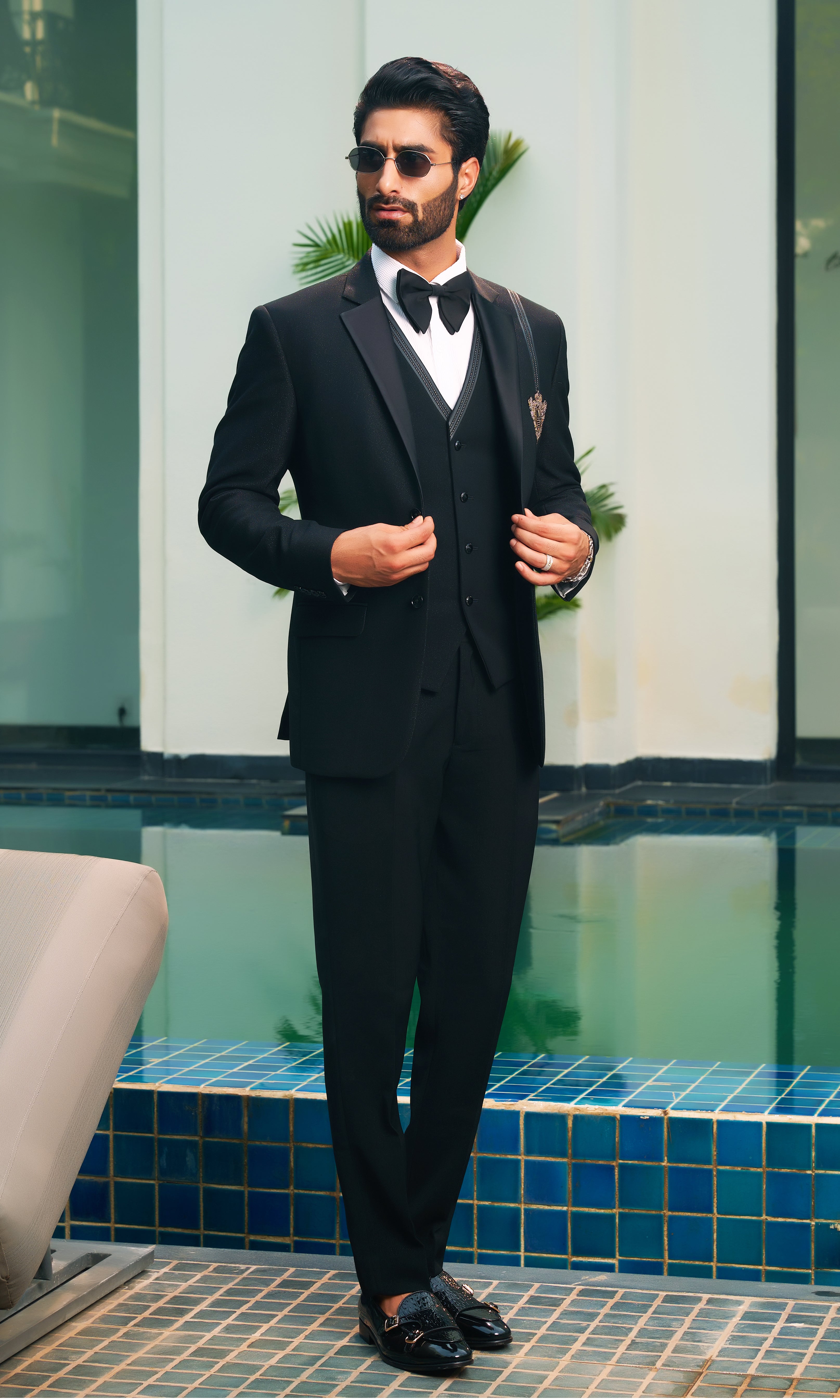 Luxurious Black Embroidered Suit with Patch, Perfect for Special Occasions
