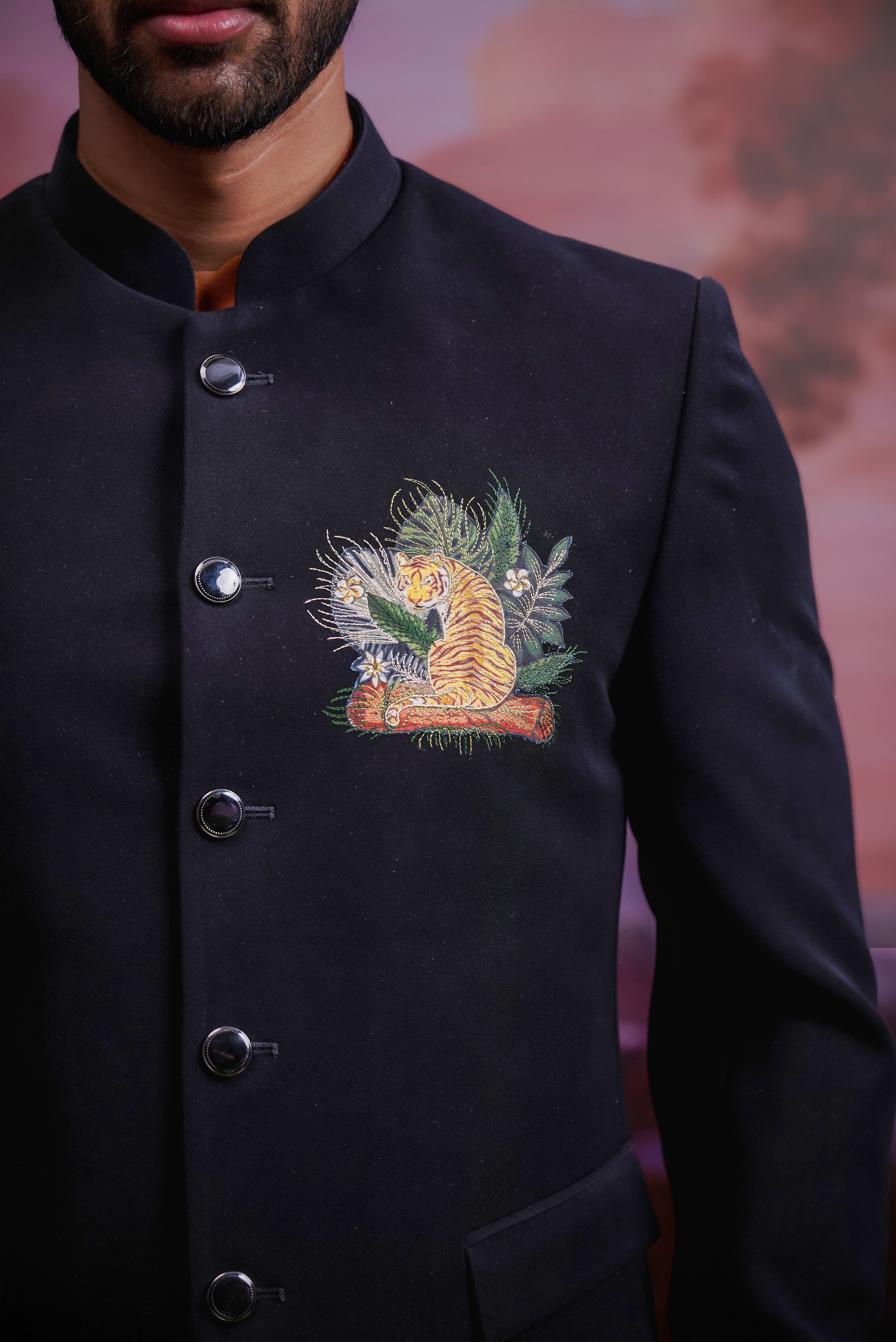 Black Bandhgala Suit with Embroidered Tiger Motif