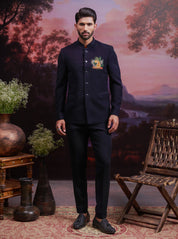 Black Bandhgala Suit with Embroidered Tiger Motif