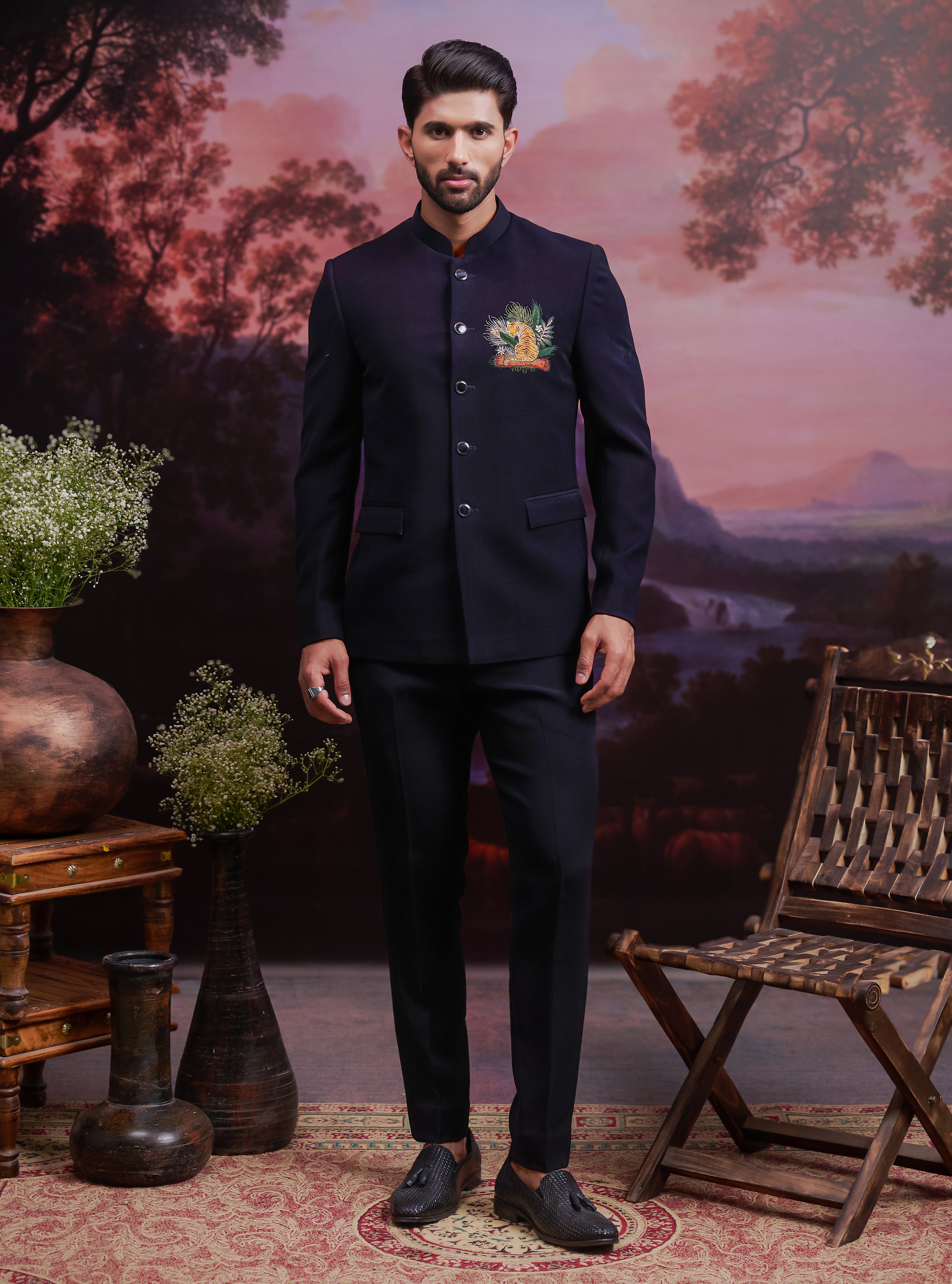 Black Bandhgala Suit with Embroidered Tiger Motif