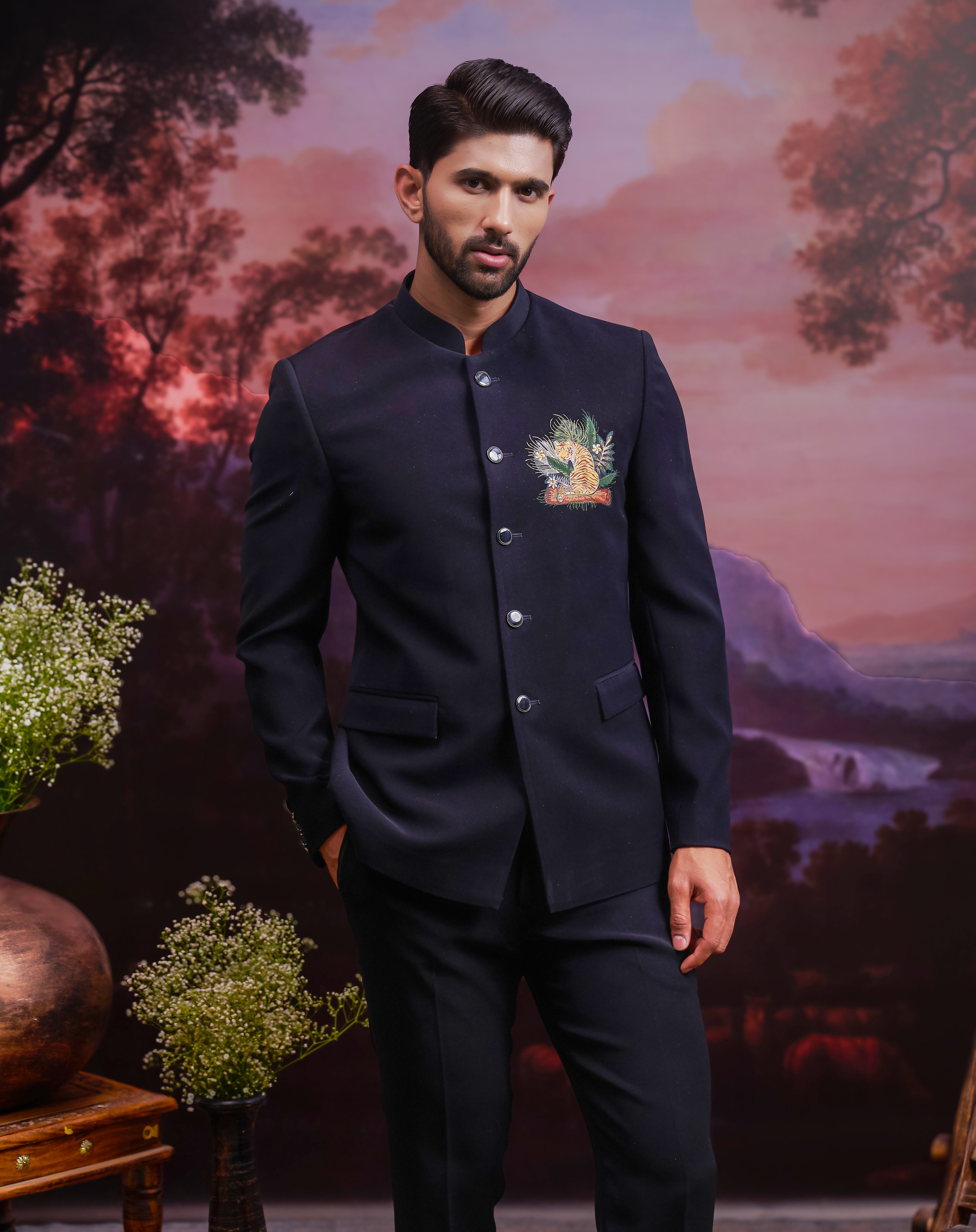 Black Bandhgala Suit with Embroidered Tiger Motif