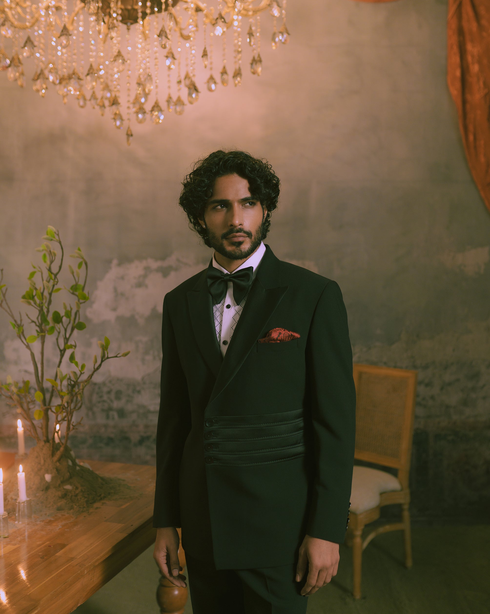 Black Double Breasted Tuxedo Suit with Satin Detailing