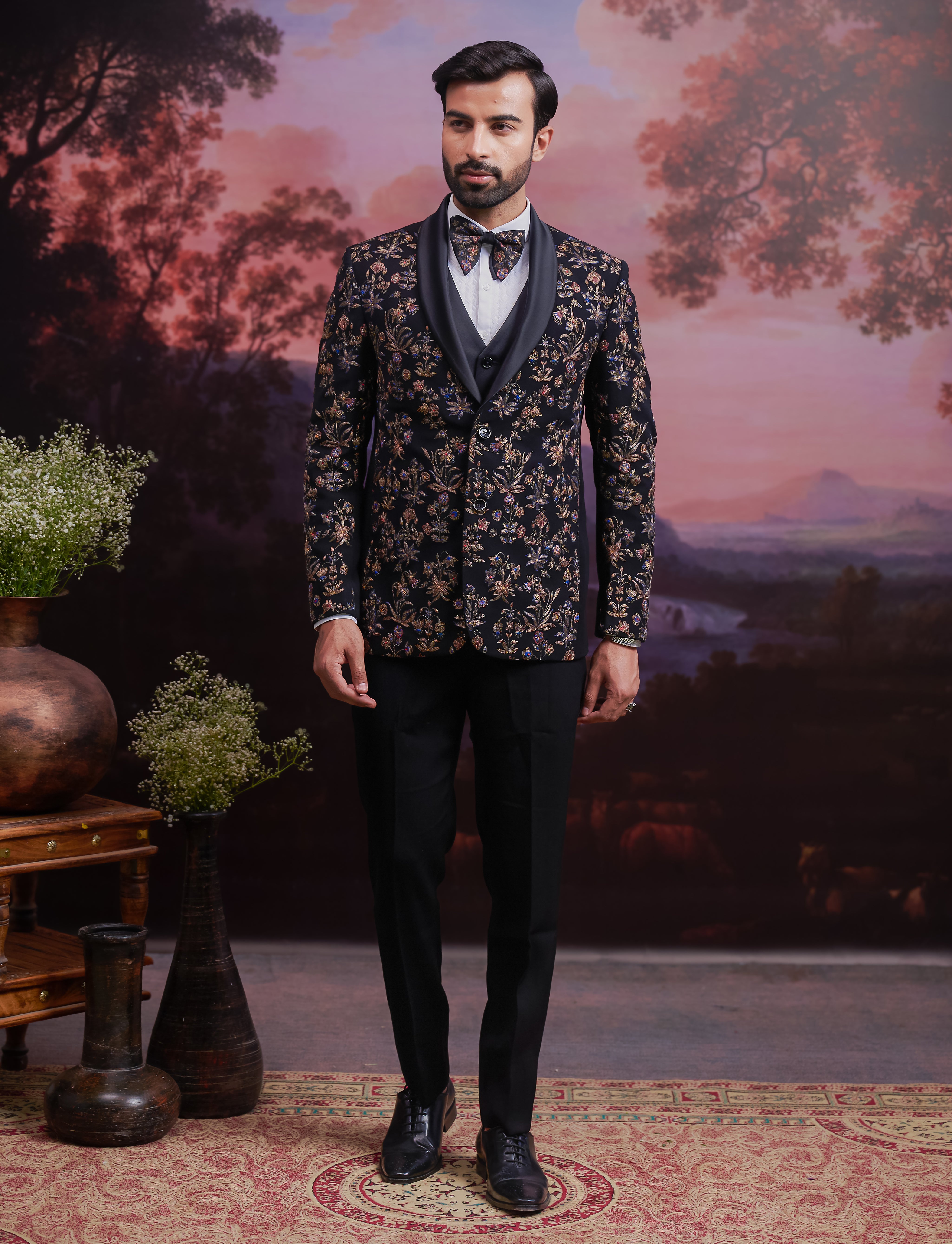 Black Embroidered Tuxedo Suit