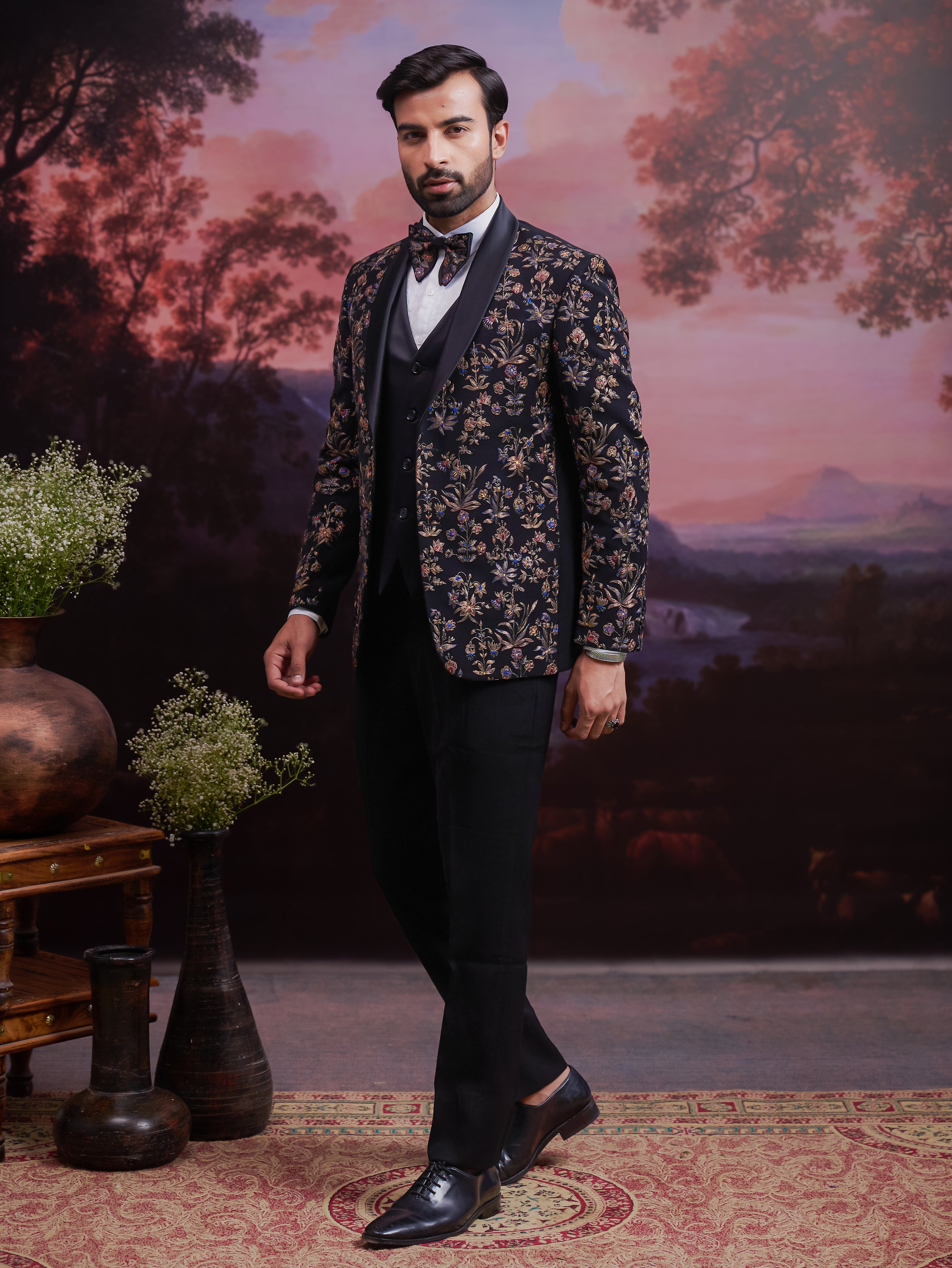 Black Embroidered Tuxedo Suit