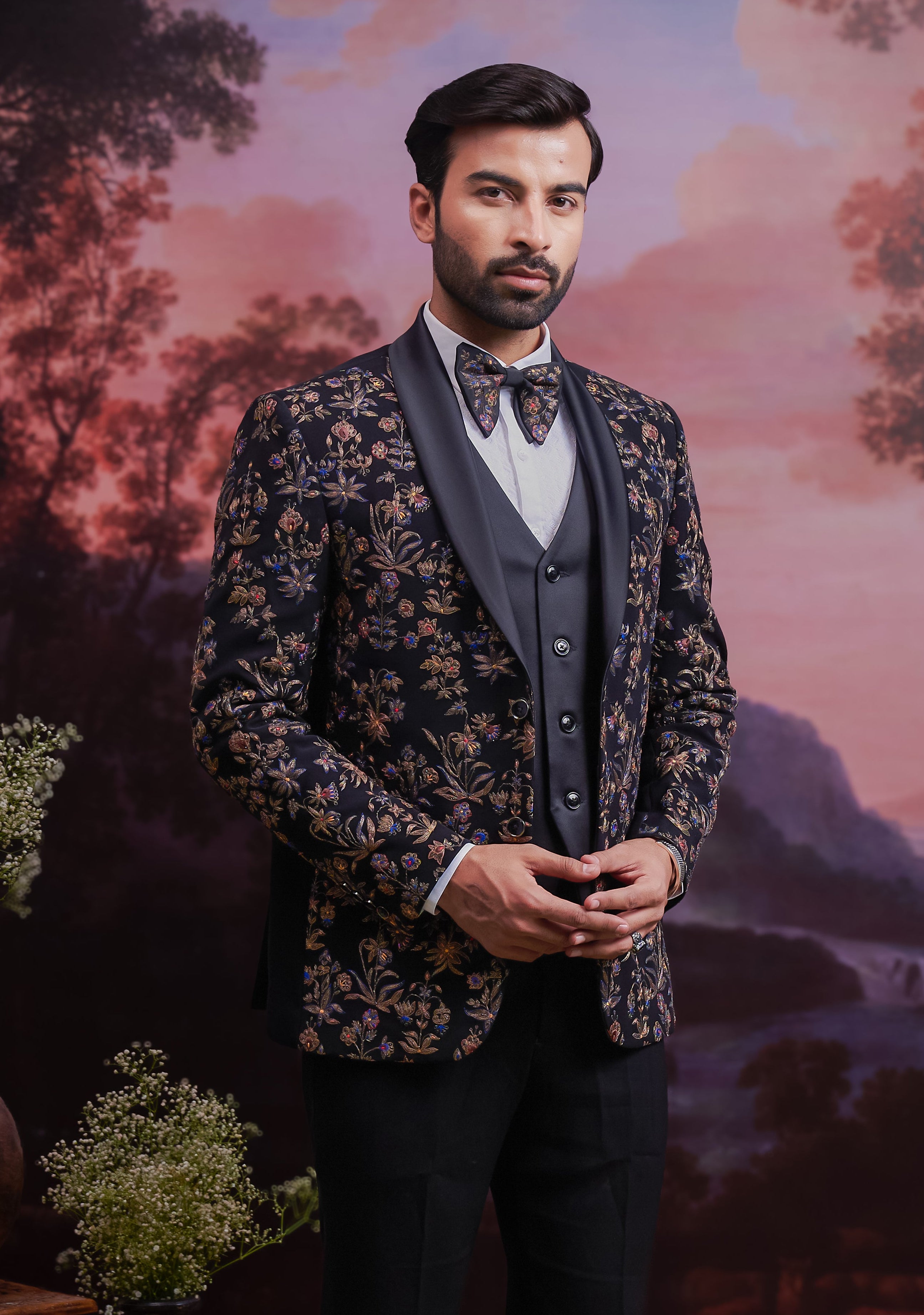 Black Embroidered Tuxedo Suit